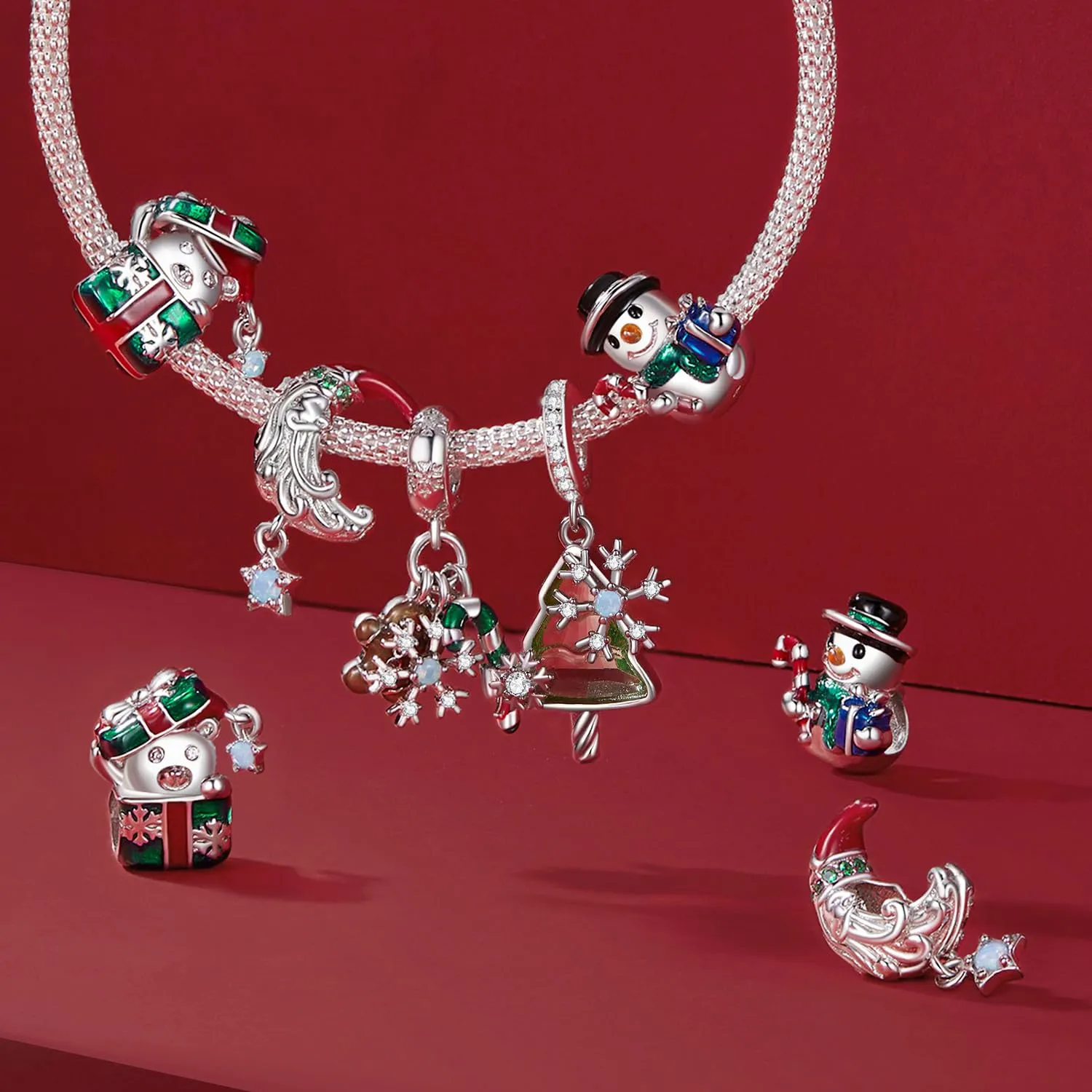 NINGAN Charm di Natale in Argento 925 con Babbo Natale, Fiocchi di Neve, Albero di Natale e Zirconia Cubica - immagine 5