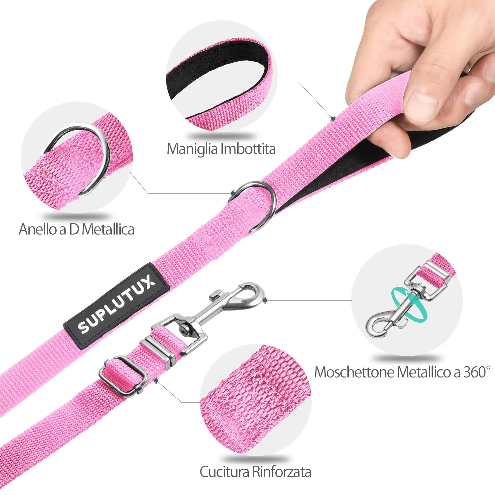 SuplutuX Guinzaglio Addestramento Regolabile per Cani con Impugnatura Imbottita, Rosa, 3m - immagine 2