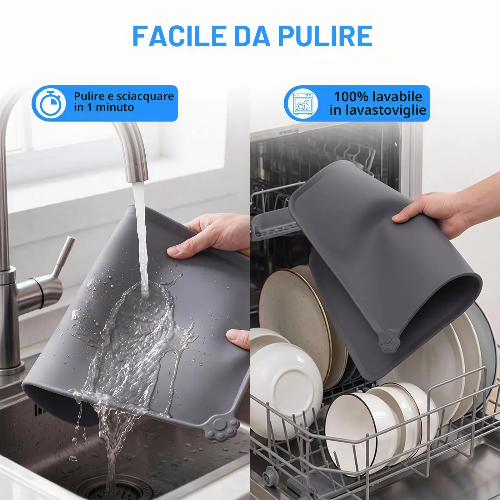 Reopet Tappetino in Silicone per Cibo e Acqua per Animali Domestici, Impermeabile Antispill, 53 x 37 cm, Grigio - immagine 4