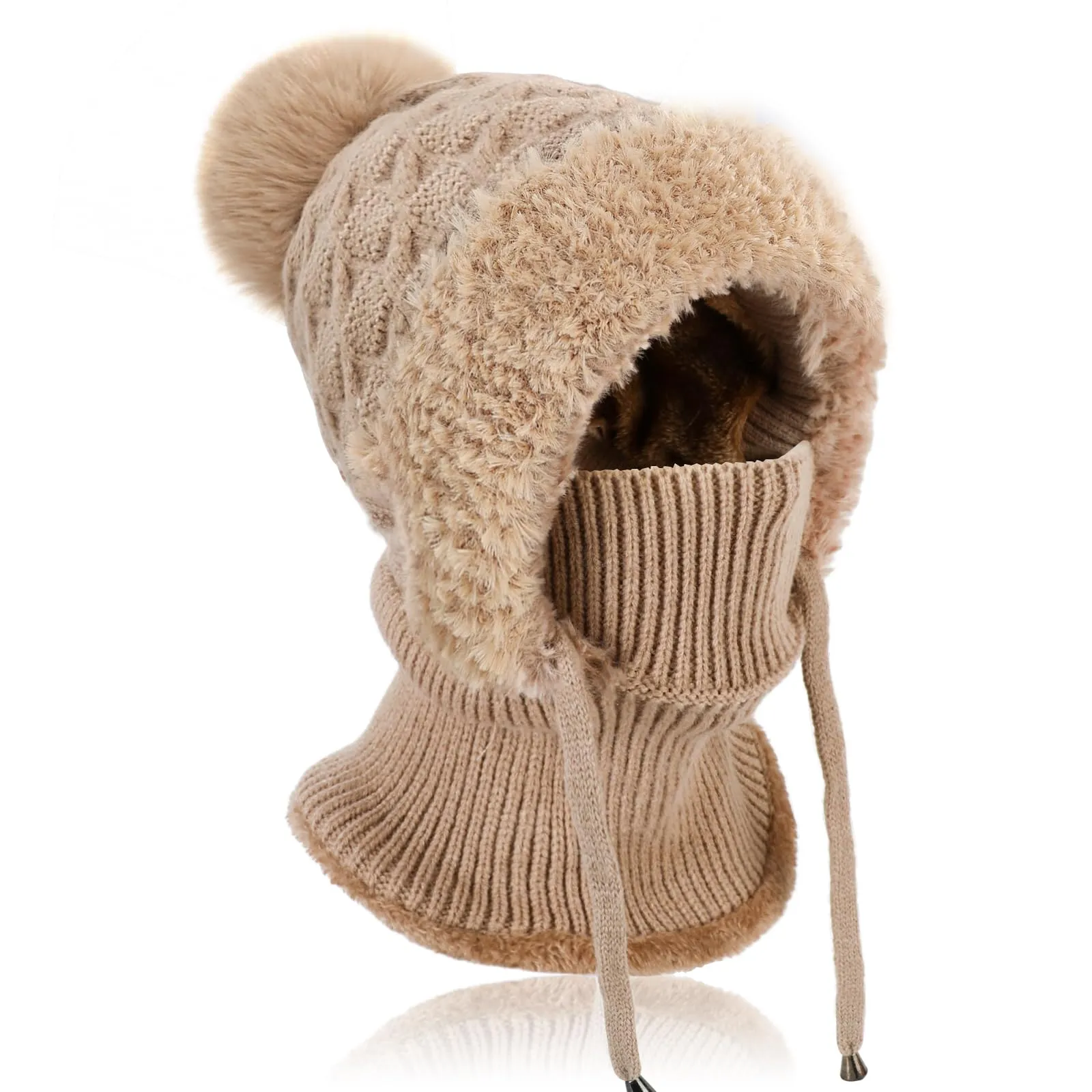 AYPOW Passamontagna Balaclava Sci Donna in Maglia con Fodera in Pile e Palla di Pelo - immagine 1