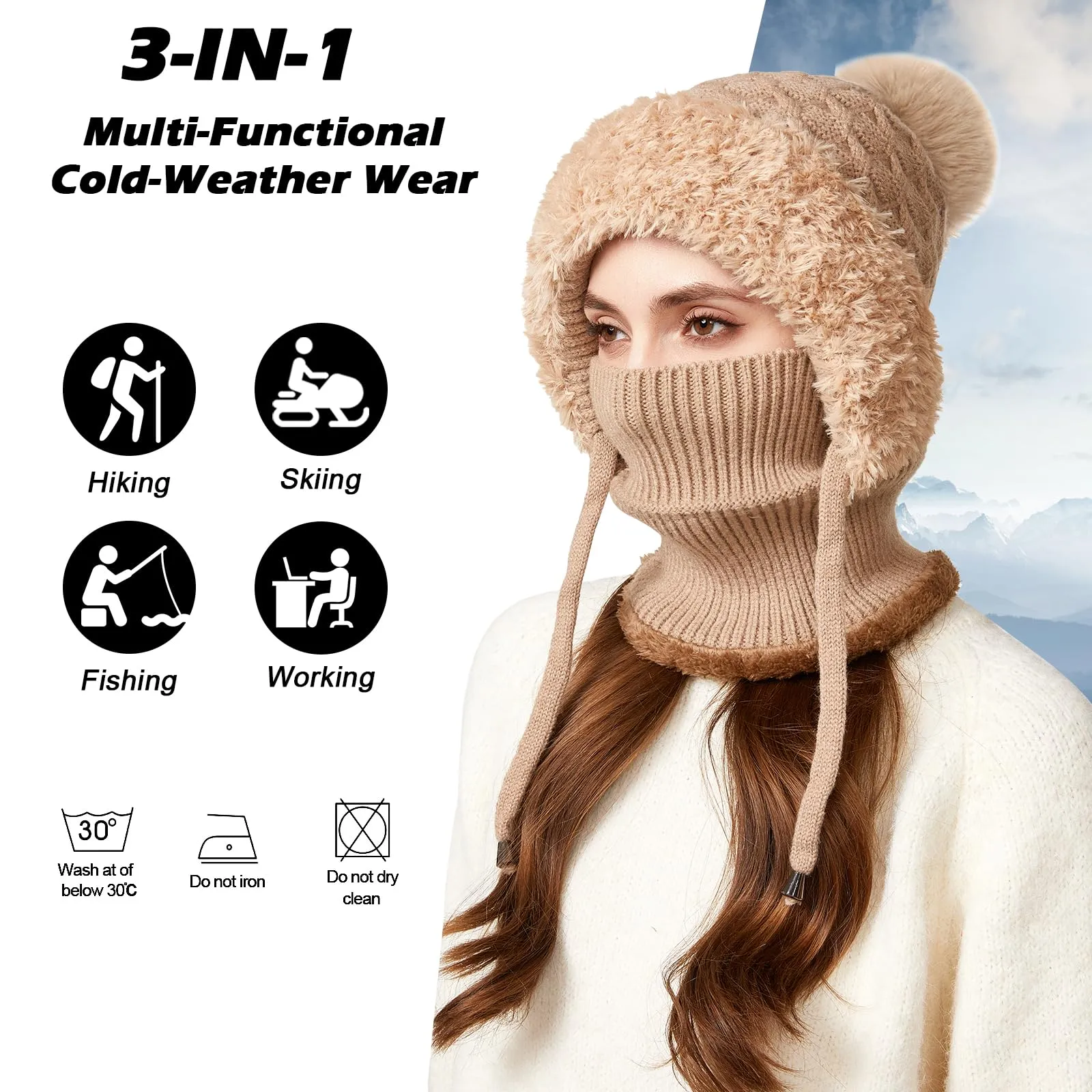 AYPOW Passamontagna Balaclava Sci Donna in Maglia con Fodera in Pile e Palla di Pelo - immagine 2