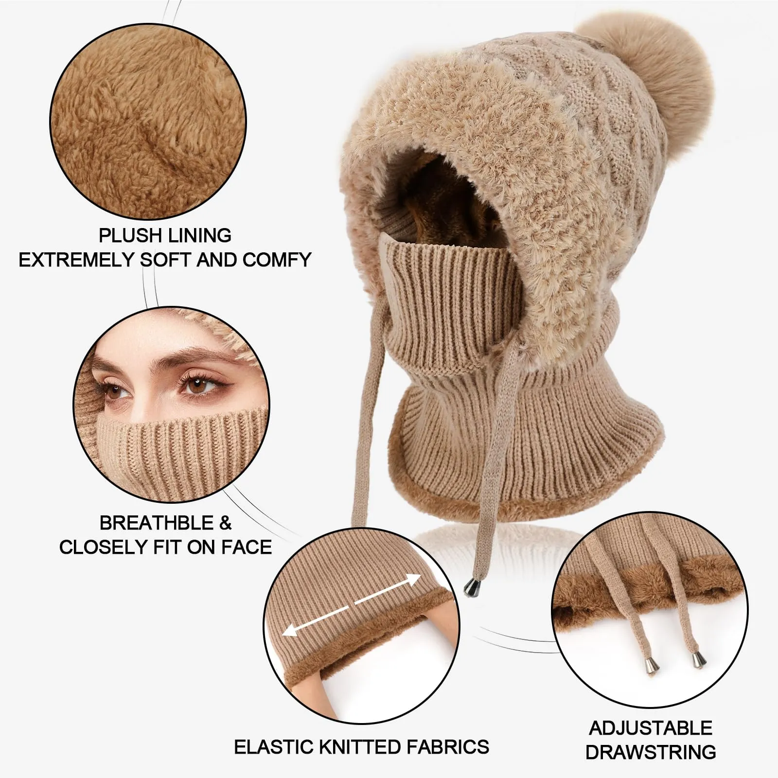 AYPOW Passamontagna Balaclava Sci Donna in Maglia con Fodera in Pile e Palla di Pelo - immagine 4