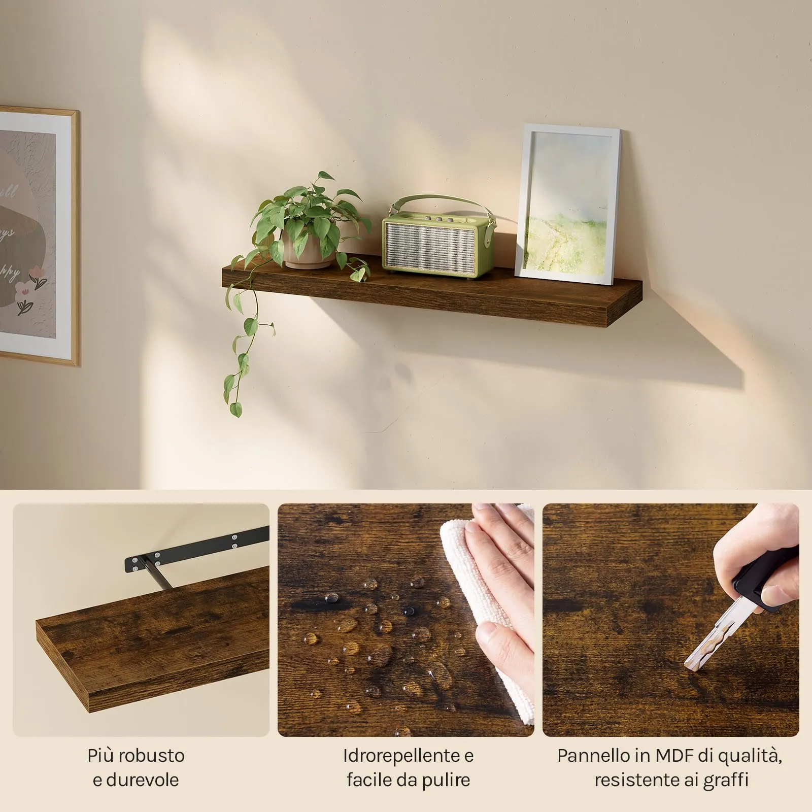 WOLTU Mensola da Muro Scaffale Libreria a Parete 80x23x3.8cm Marrone Vintage RG9318hov - immagine 7