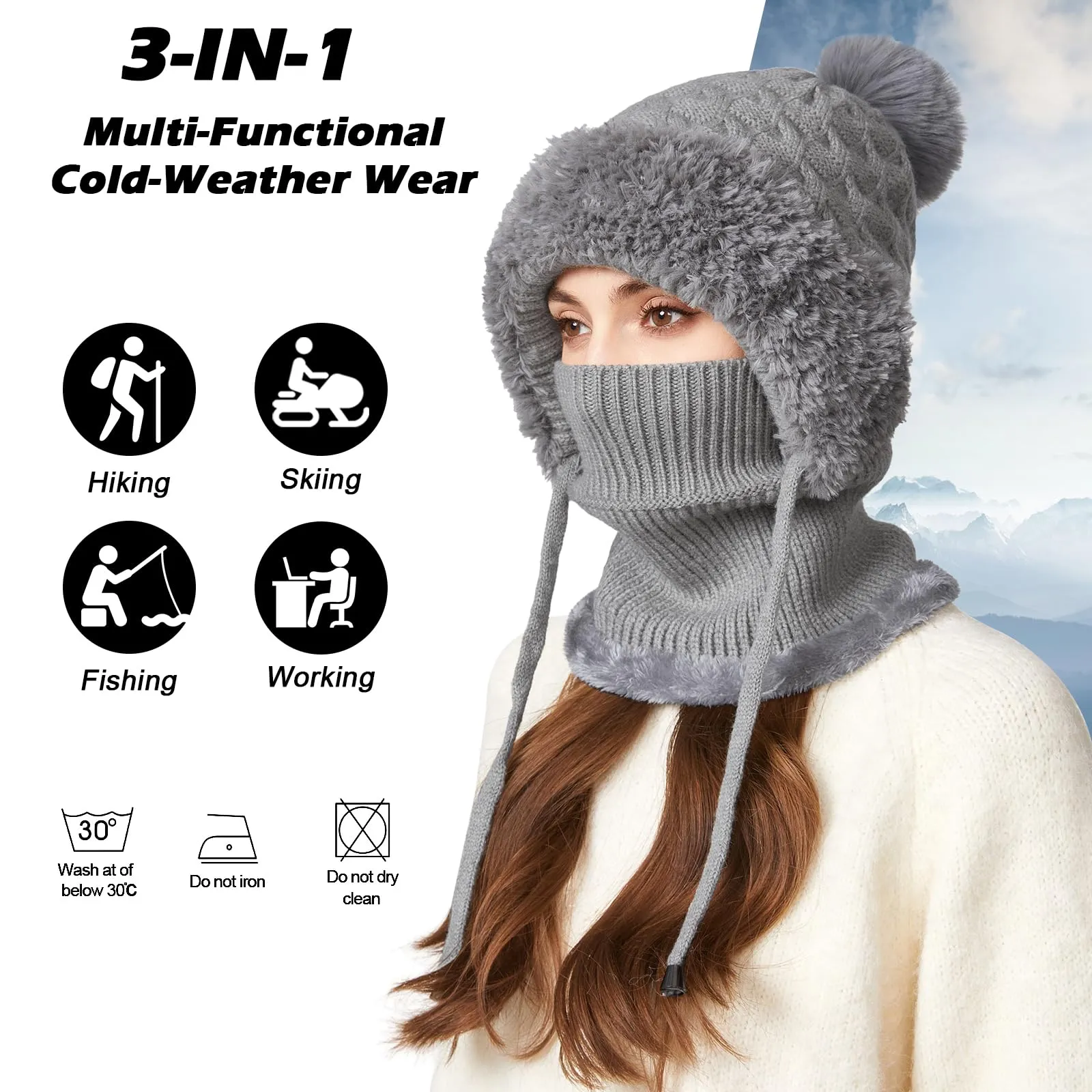 AYPOW Passamontagna Balaclava Sci Donna in Maglia con Fodera in Pile e Palla di Pelo - immagine 2