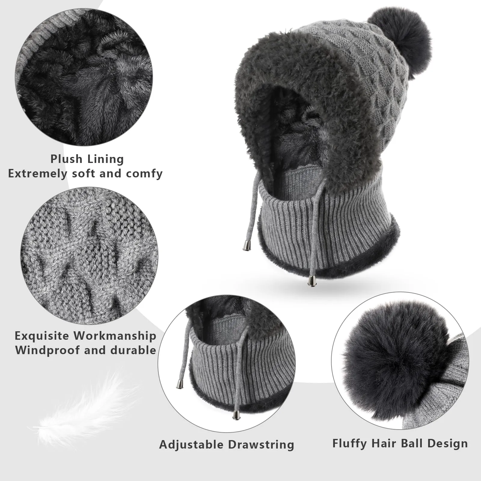 AYPOW Passamontagna Balaclava Sci Donna in Maglia con Fodera in Pile e Palla di Pelo - immagine 3