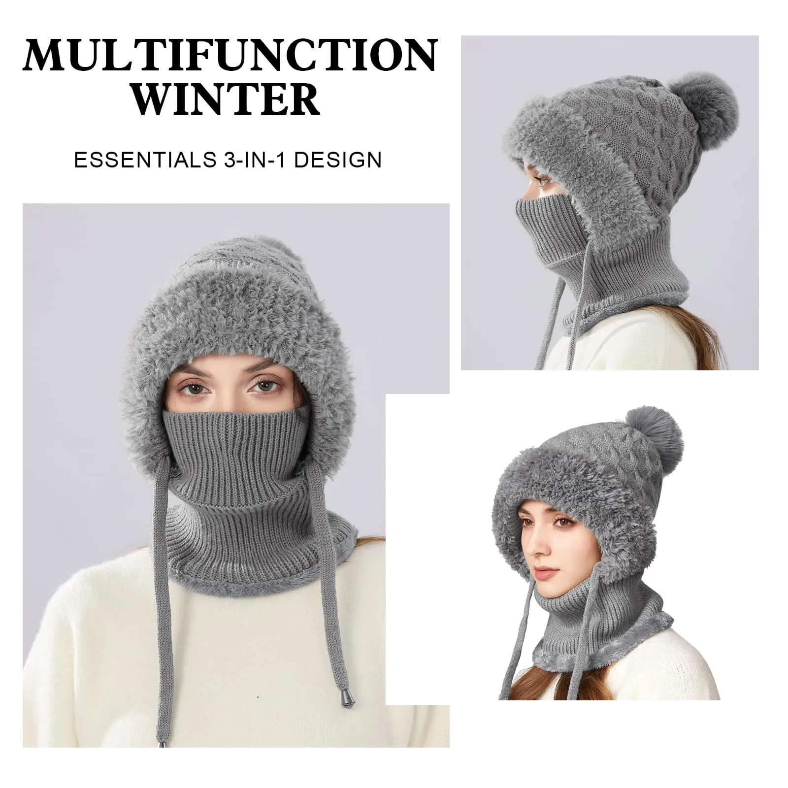 AYPOW Passamontagna Balaclava Sci Donna in Maglia con Fodera in Pile e Palla di Pelo - immagine 4