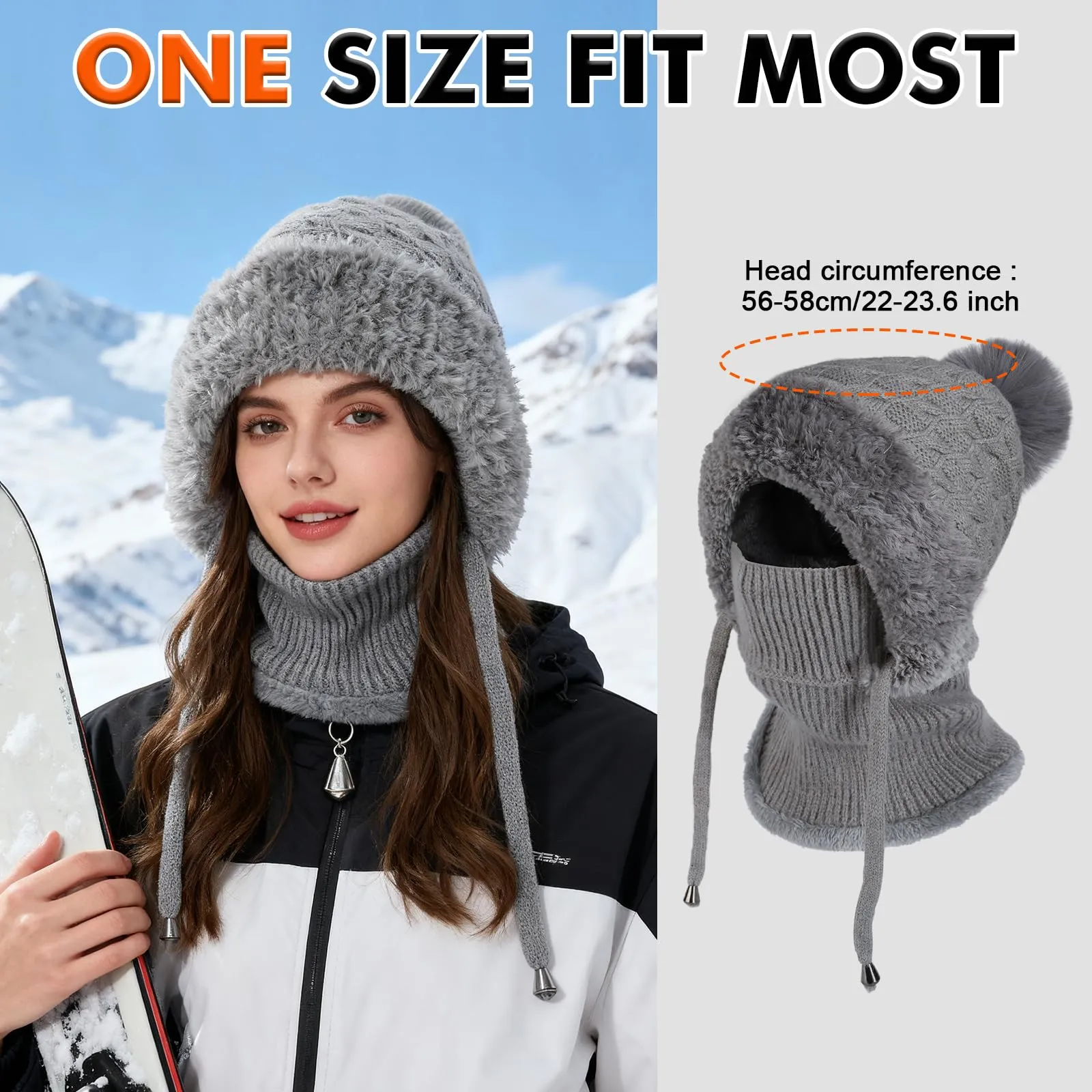 AYPOW Passamontagna Balaclava Sci Donna in Maglia con Fodera in Pile e Palla di Pelo - immagine 6