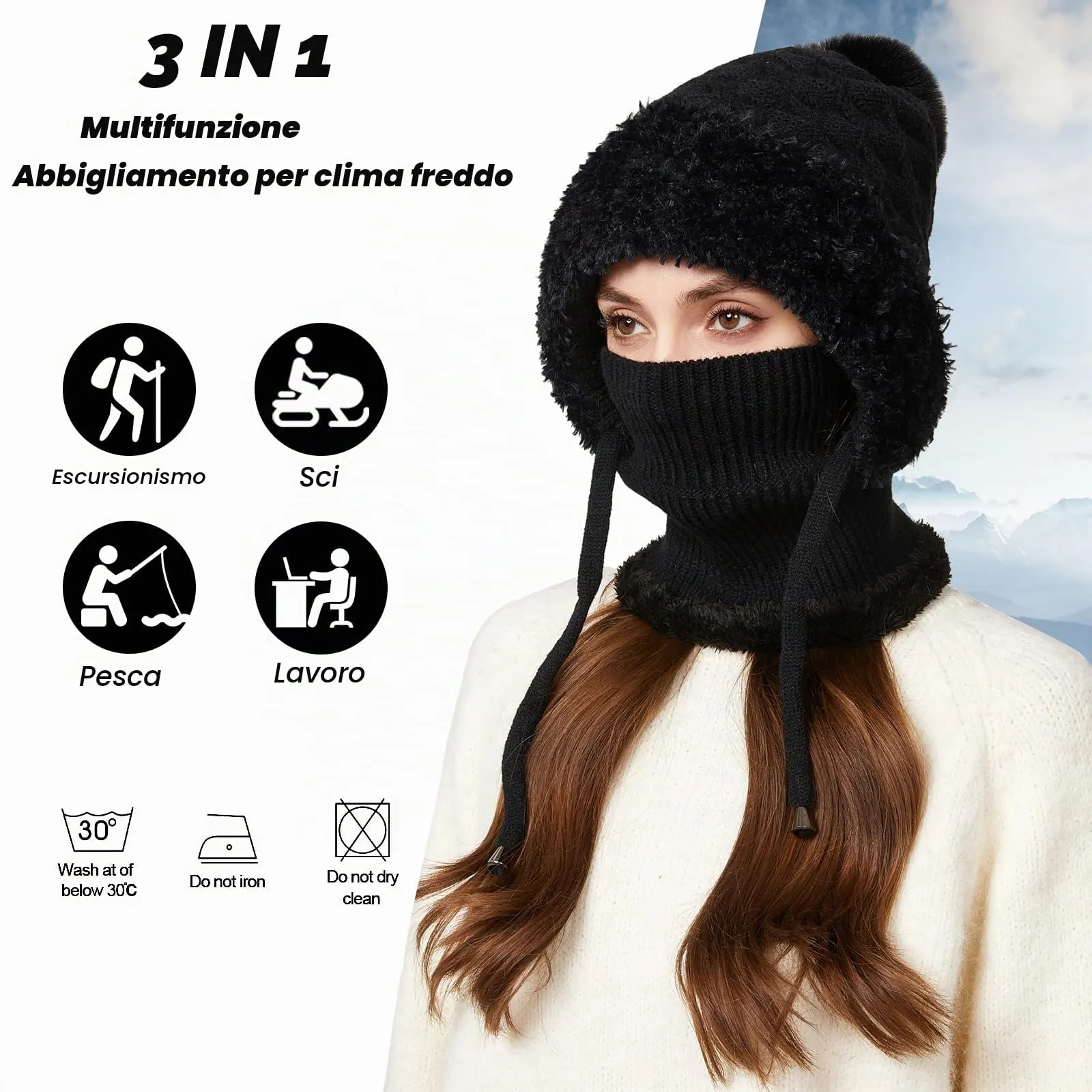 AYPOW Passamontagna Balaclava Sci Donna Invernale in Maglia con Fodera in Pile e Palla di Pelo - immagine 2