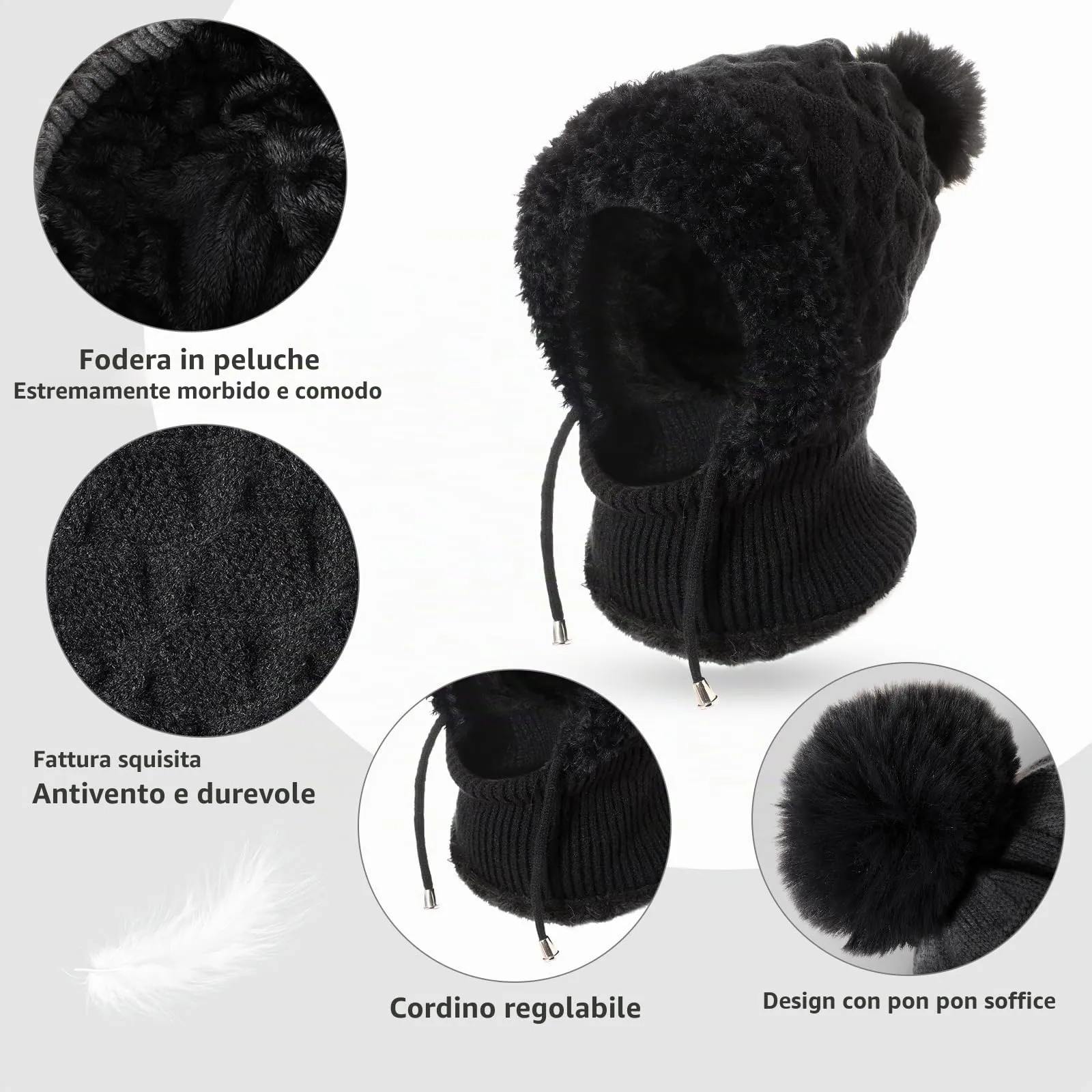 AYPOW Passamontagna Balaclava Sci Donna Invernale in Maglia con Fodera in Pile e Palla di Pelo - immagine 3