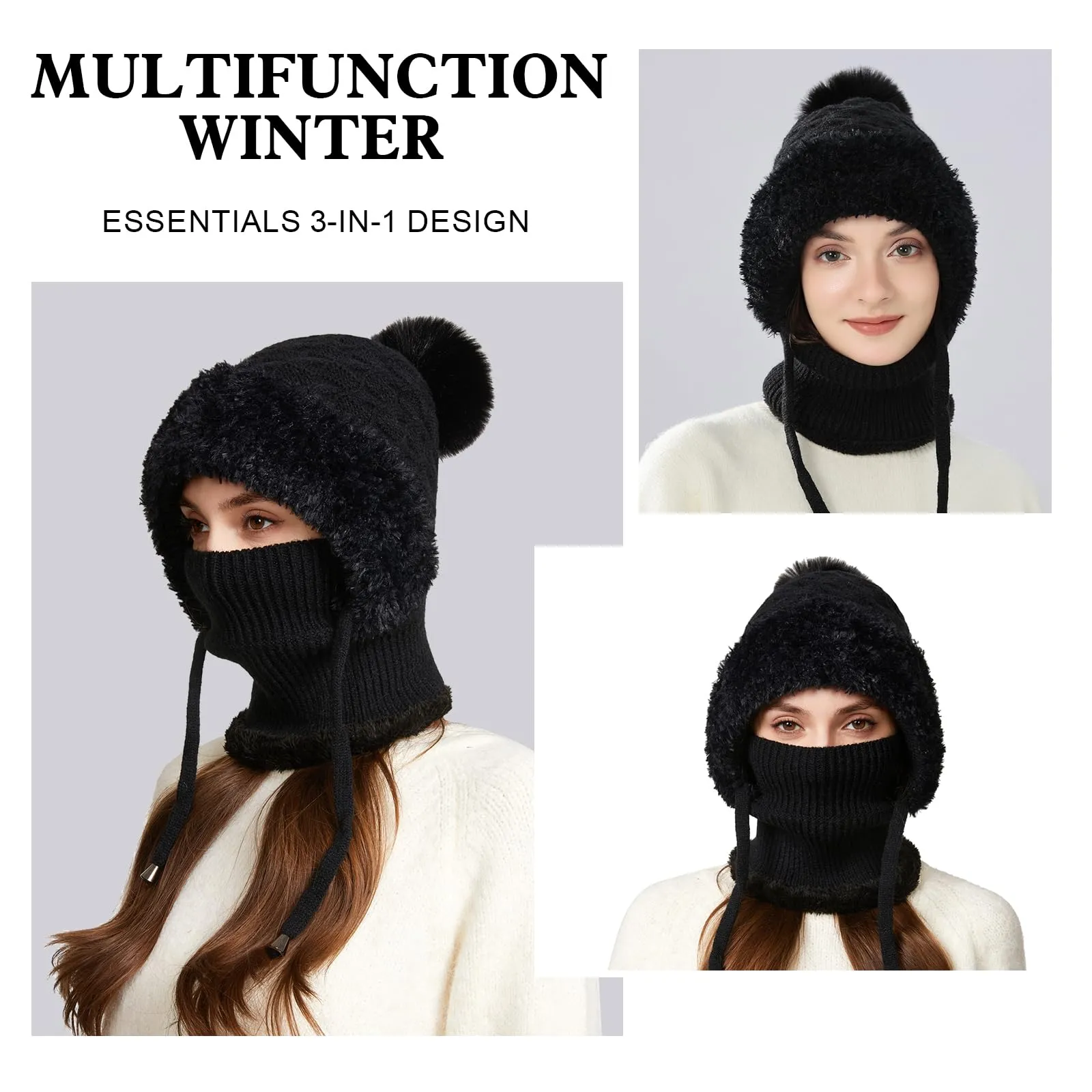 AYPOW Passamontagna Balaclava Sci Donna Invernale in Maglia con Fodera in Pile e Palla di Pelo - immagine 5