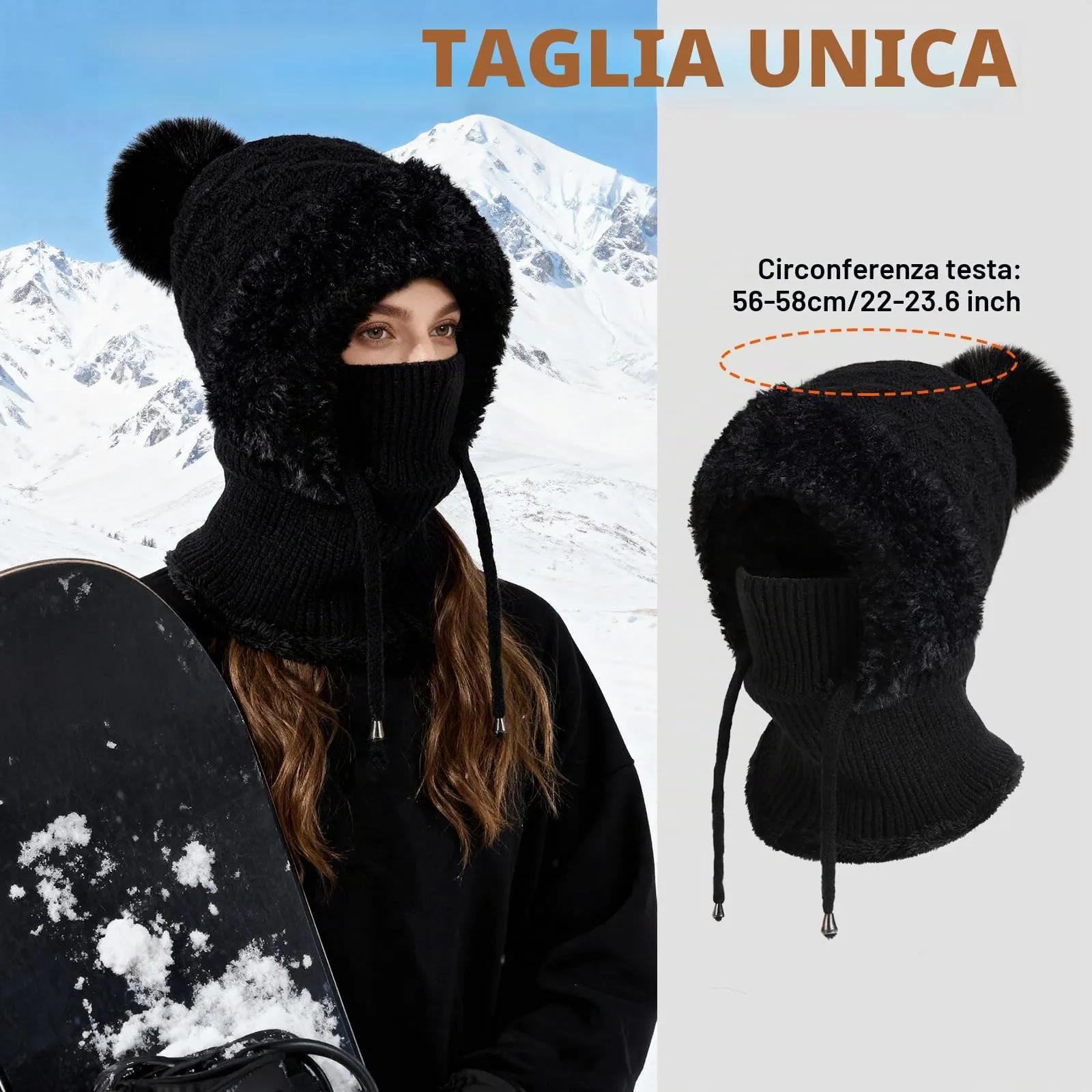 AYPOW Passamontagna Balaclava Sci Donna Invernale in Maglia con Fodera in Pile e Palla di Pelo - immagine 6