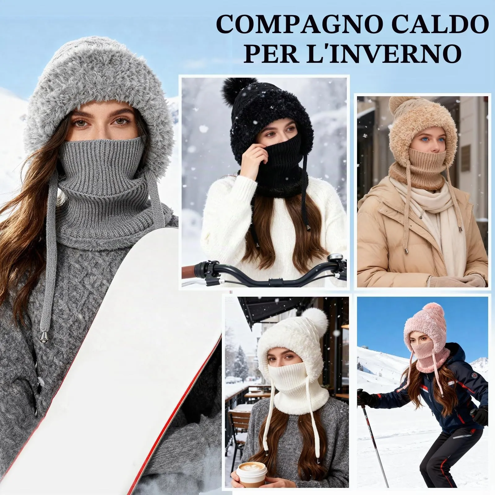 AYPOW Passamontagna Balaclava Sci Donna Invernale in Maglia con Fodera in Pile e Palla di Pelo - immagine 7