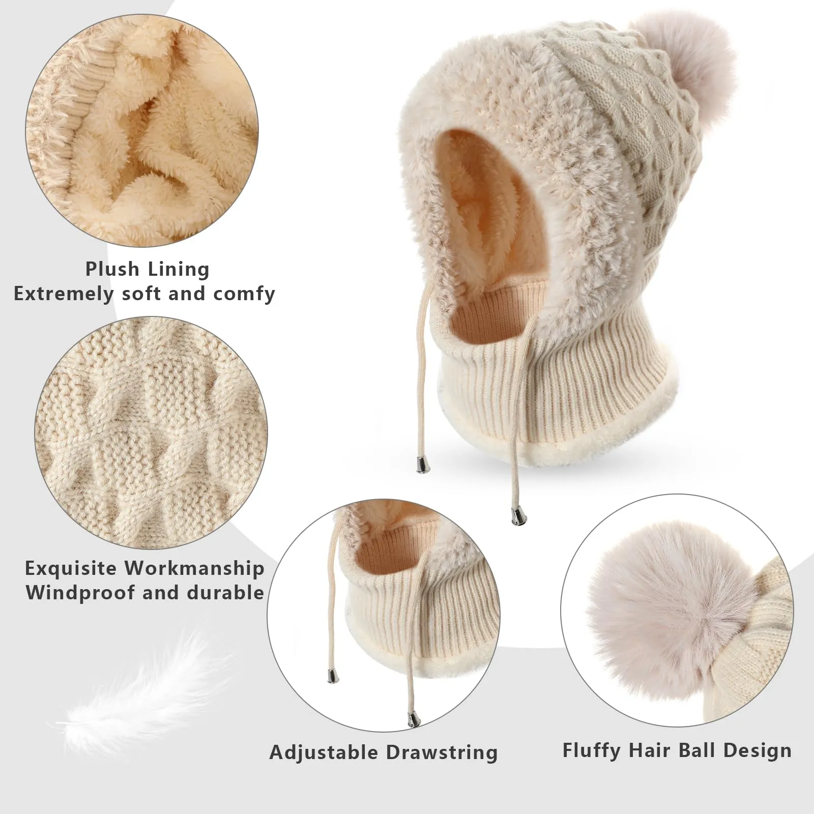 AYPOW Passamontagna Balaclava Sci Donna Invernale in Maglia con Pile e Palla di Pelo - immagine 2
