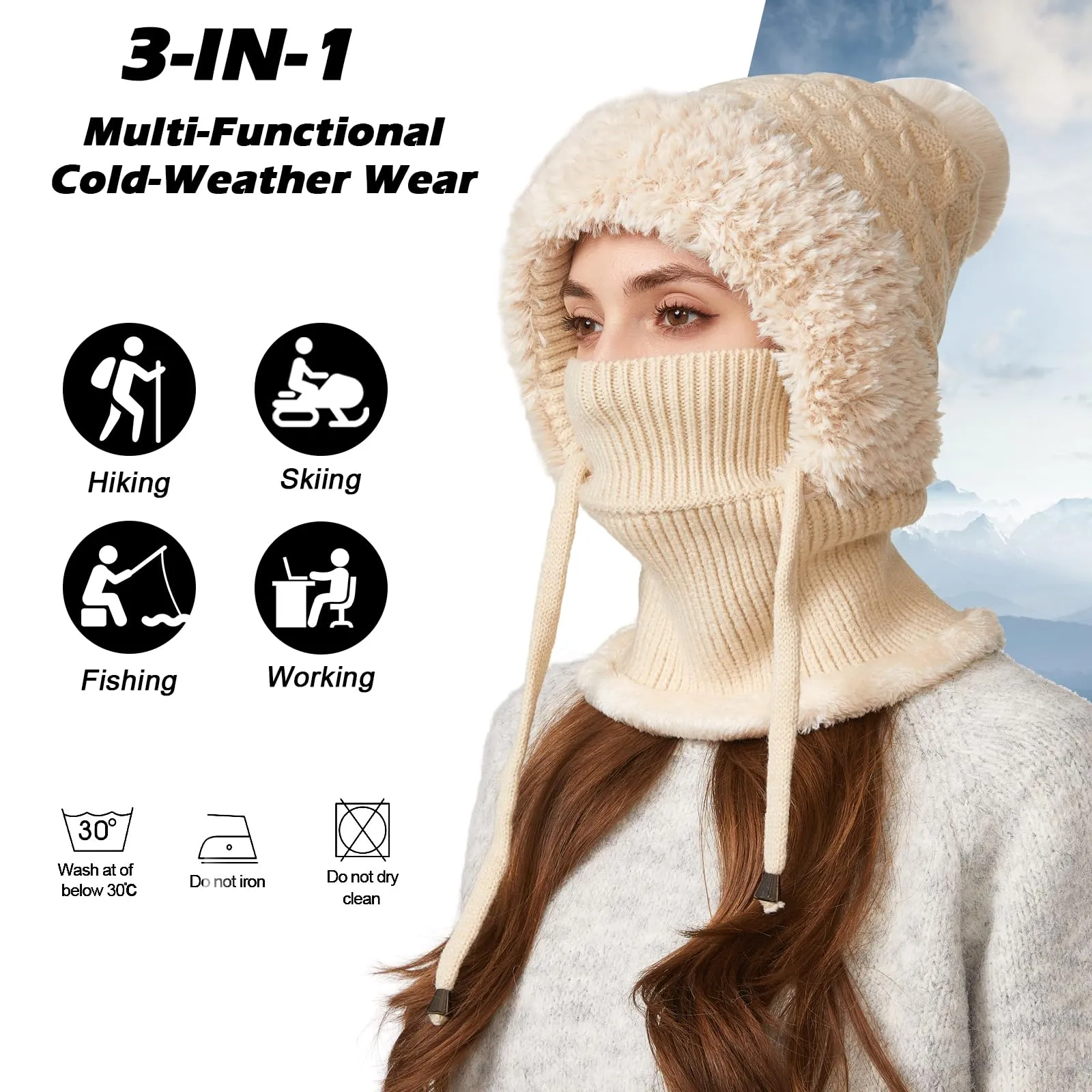 AYPOW Passamontagna Balaclava Sci Donna Invernale in Maglia con Pile e Palla di Pelo - immagine 3