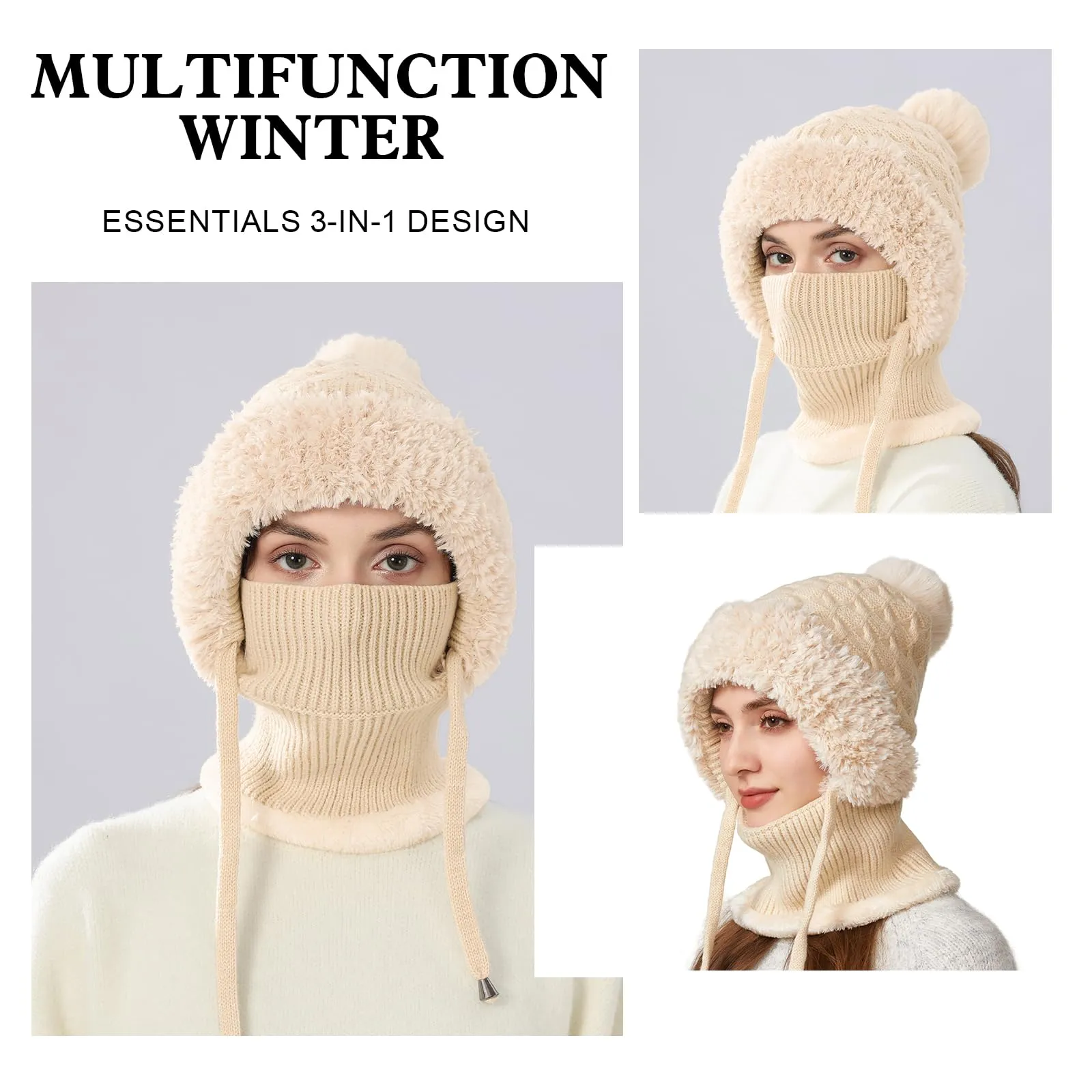AYPOW Passamontagna Balaclava Sci Donna Invernale in Maglia con Pile e Palla di Pelo - immagine 6