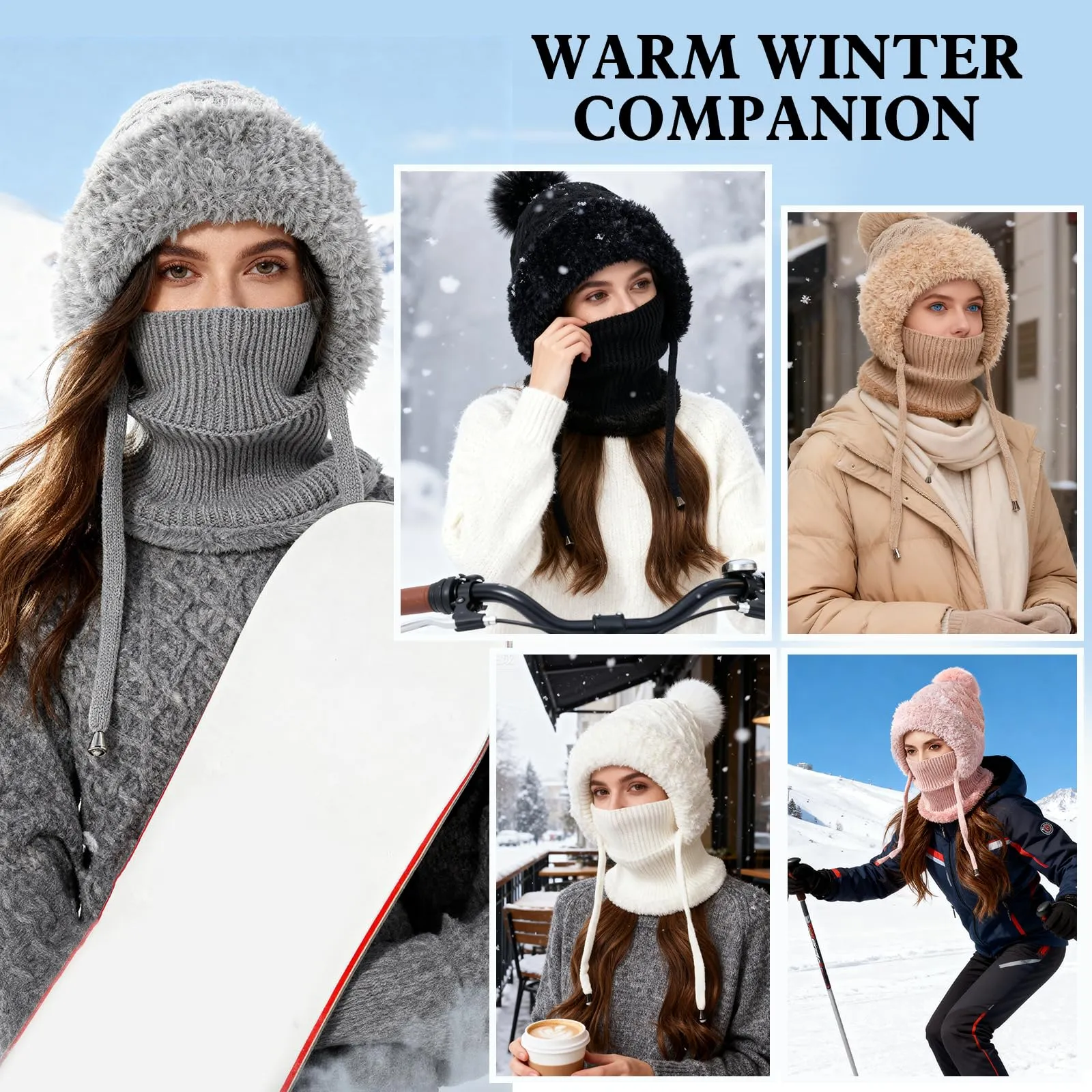 AYPOW Passamontagna Balaclava Sci Donna Invernale in Maglia con Pile e Palla di Pelo - immagine 7