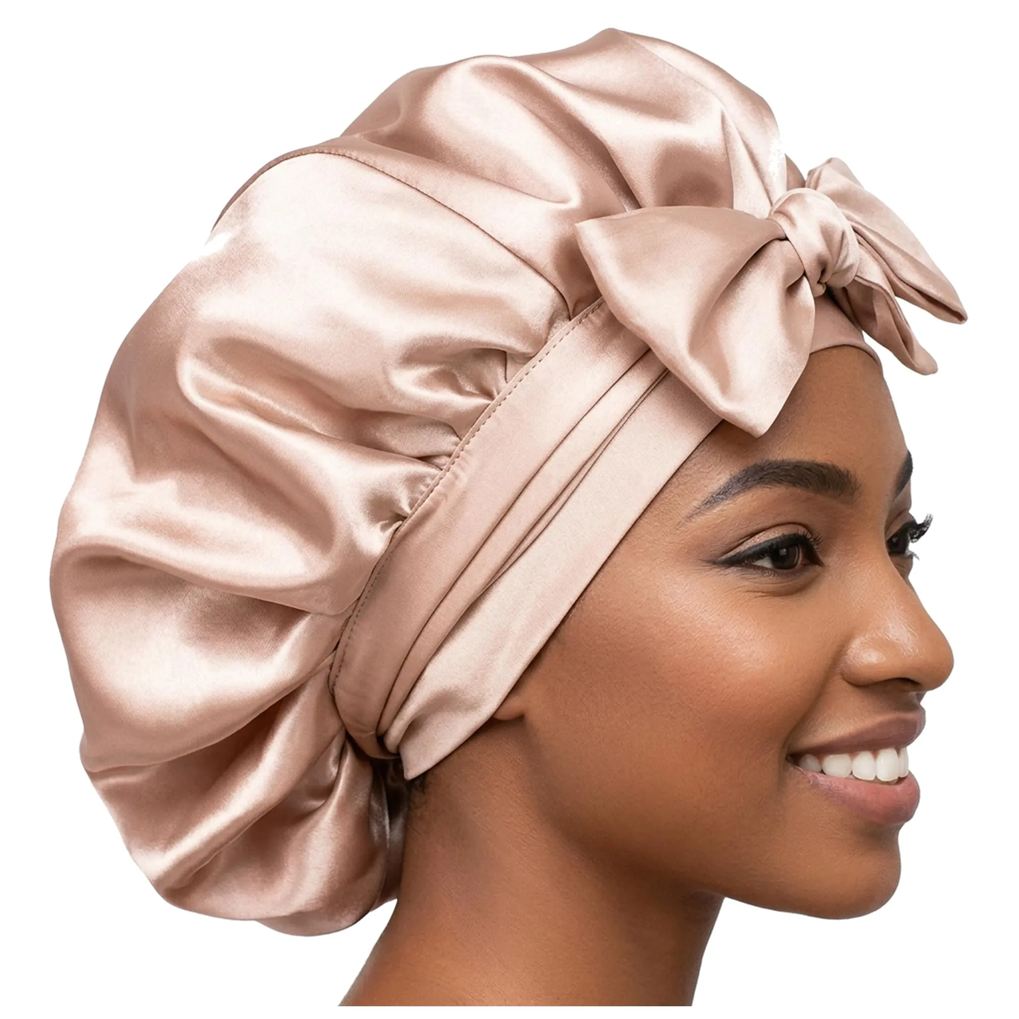 Boolavard Cuffia in Seta e Raso per Capelli a Doppio Strato con Fascia, Taglia Unica, Beige - immagine 2