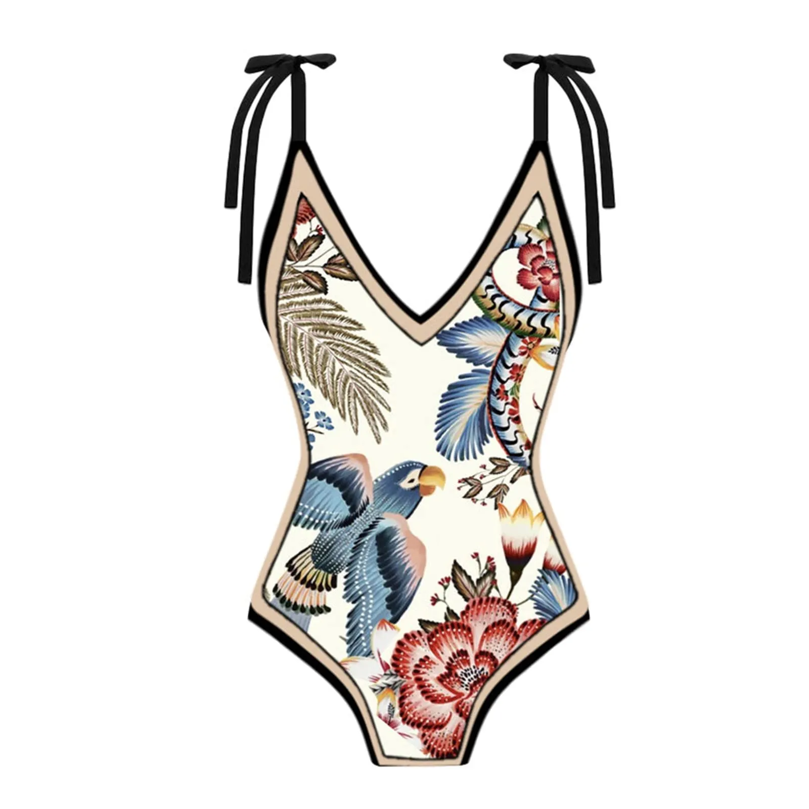 PAIDAXING Costume da bagno da donna due pezzi con pareo stampa floreale, Beige, M - immagine 4