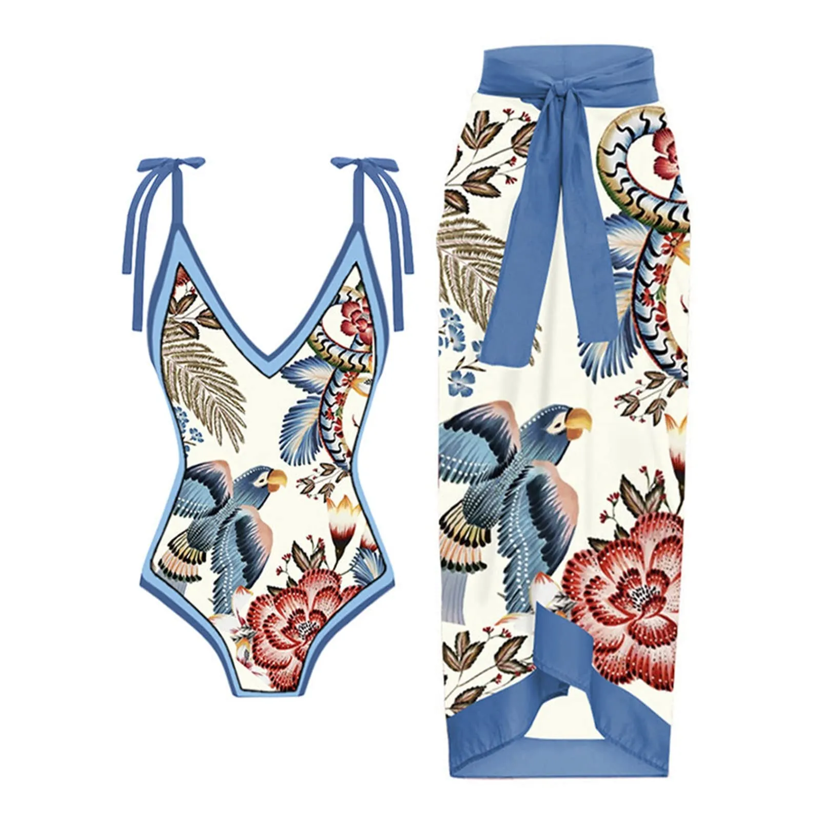PAIDAXING Costume da bagno da donna a due pezzi con pareo, stampa floreale, 04-azzurro, L - immagine 1