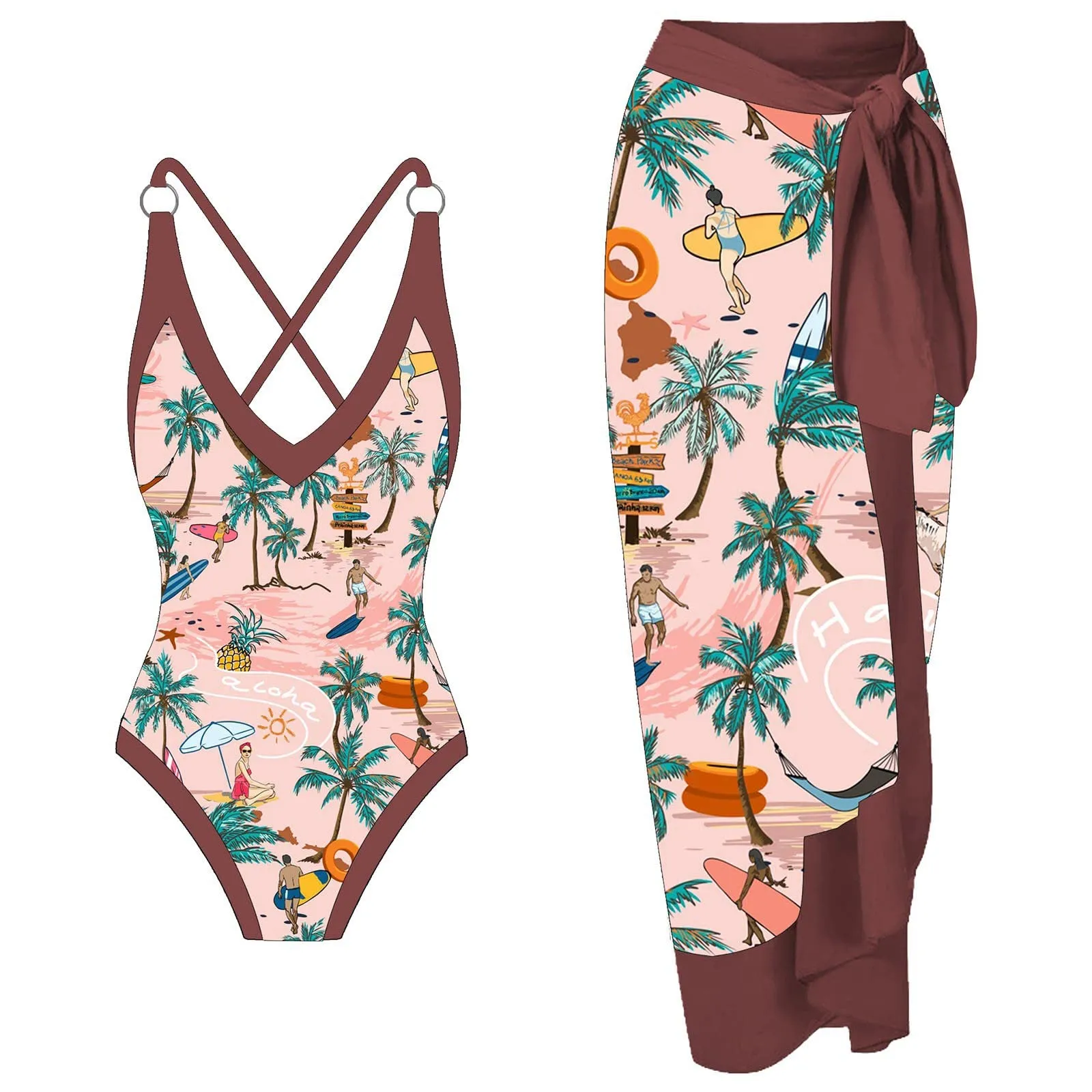 PAIDAXING Costume da Bagno da Donna in Due Pezzi con Pareo, Stampa Floreale, Rosso, M - immagine 1