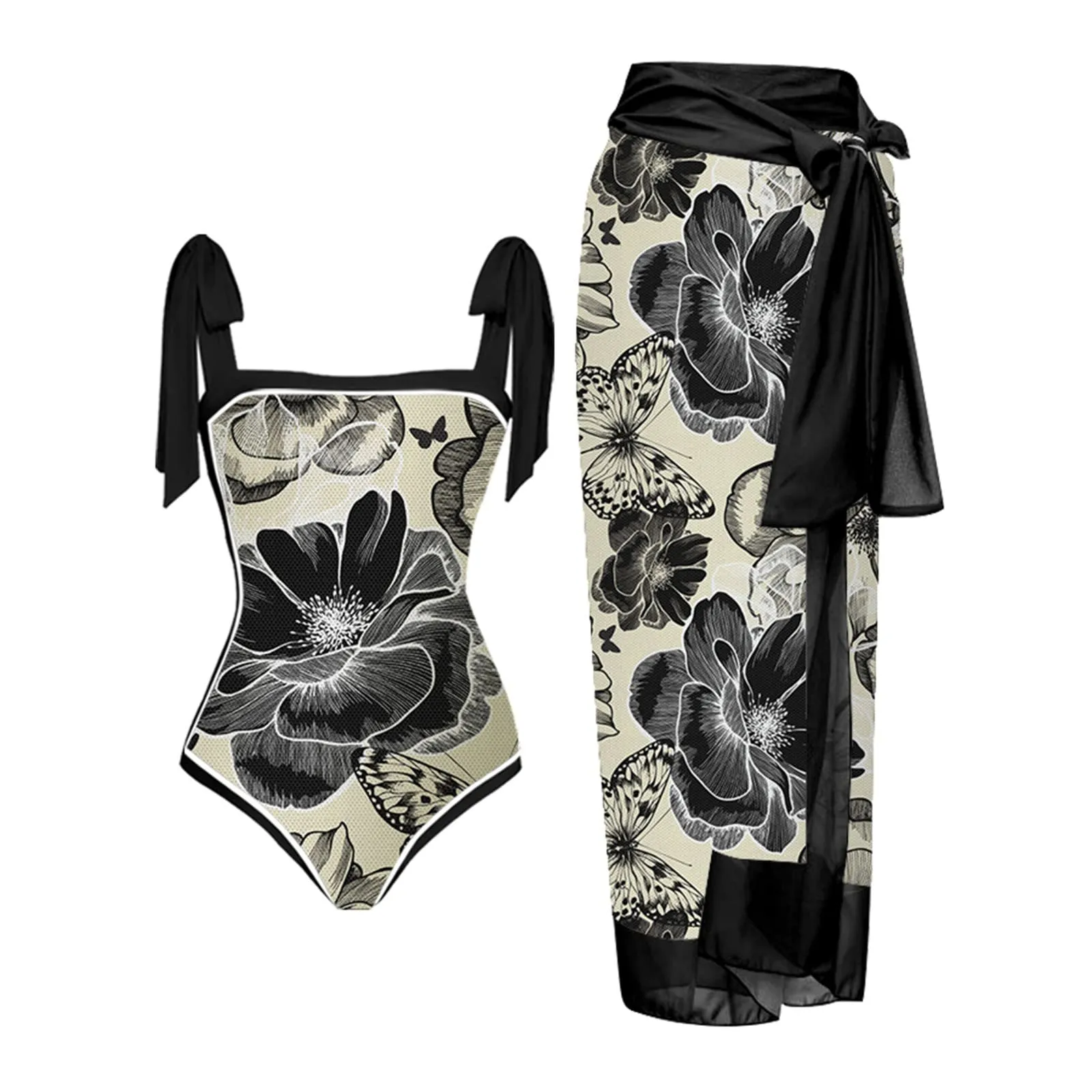 PAIDAXING Costume da bagno da donna a due pezzi con pareo, stampa floreale, nero, XL - immagine 1