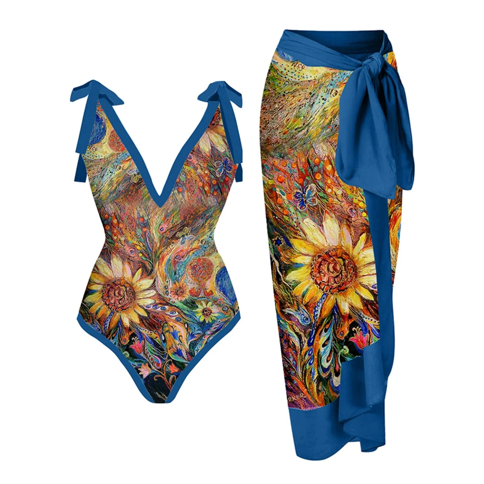 PAIDAXING Costume da bagno da donna a due pezzi con pareo, stampa floreale, Blu, XL - immagine 1