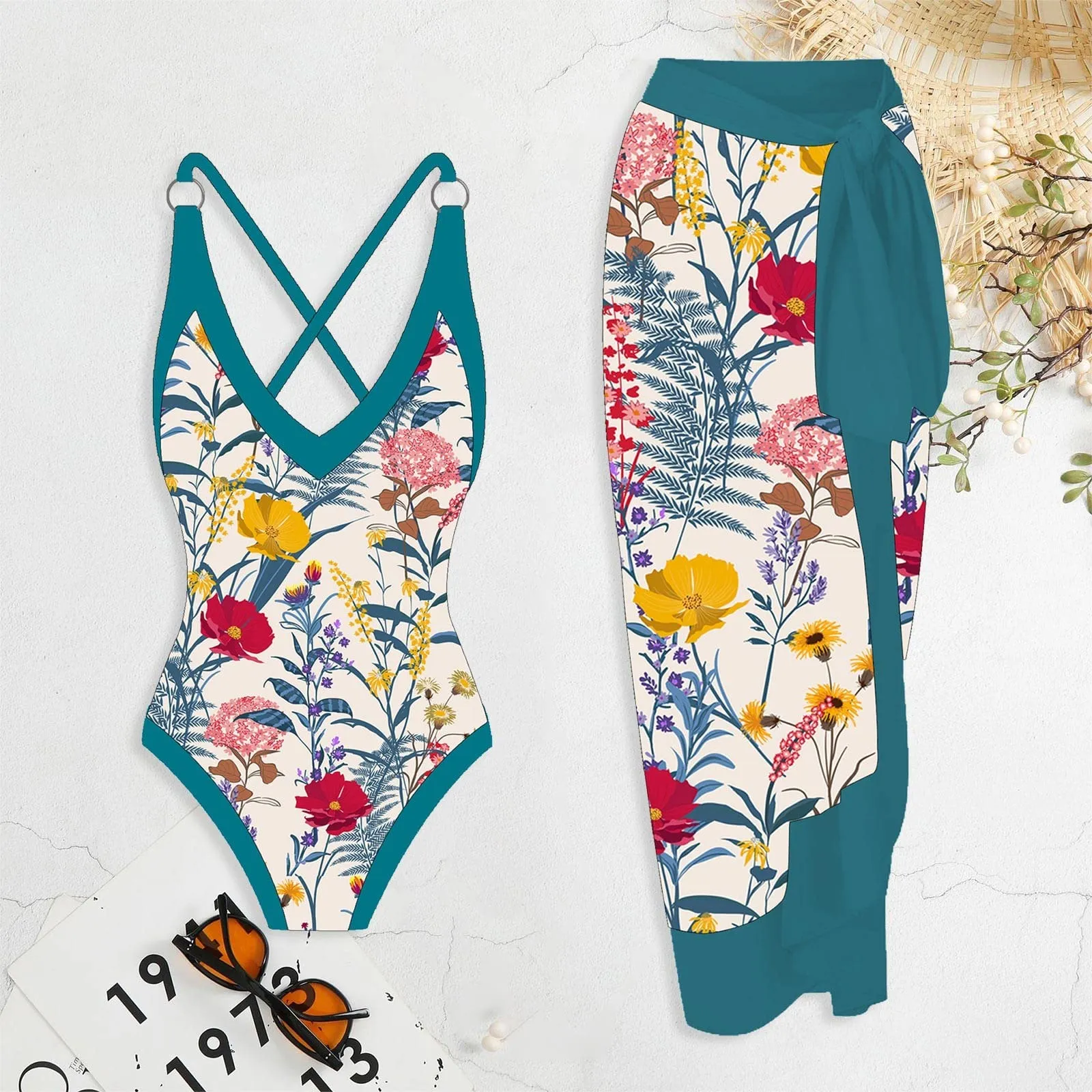 PAIDAXING Costume da bagno da donna a due pezzi con pareo, stampa floreale, 33-verde, L - immagine 2