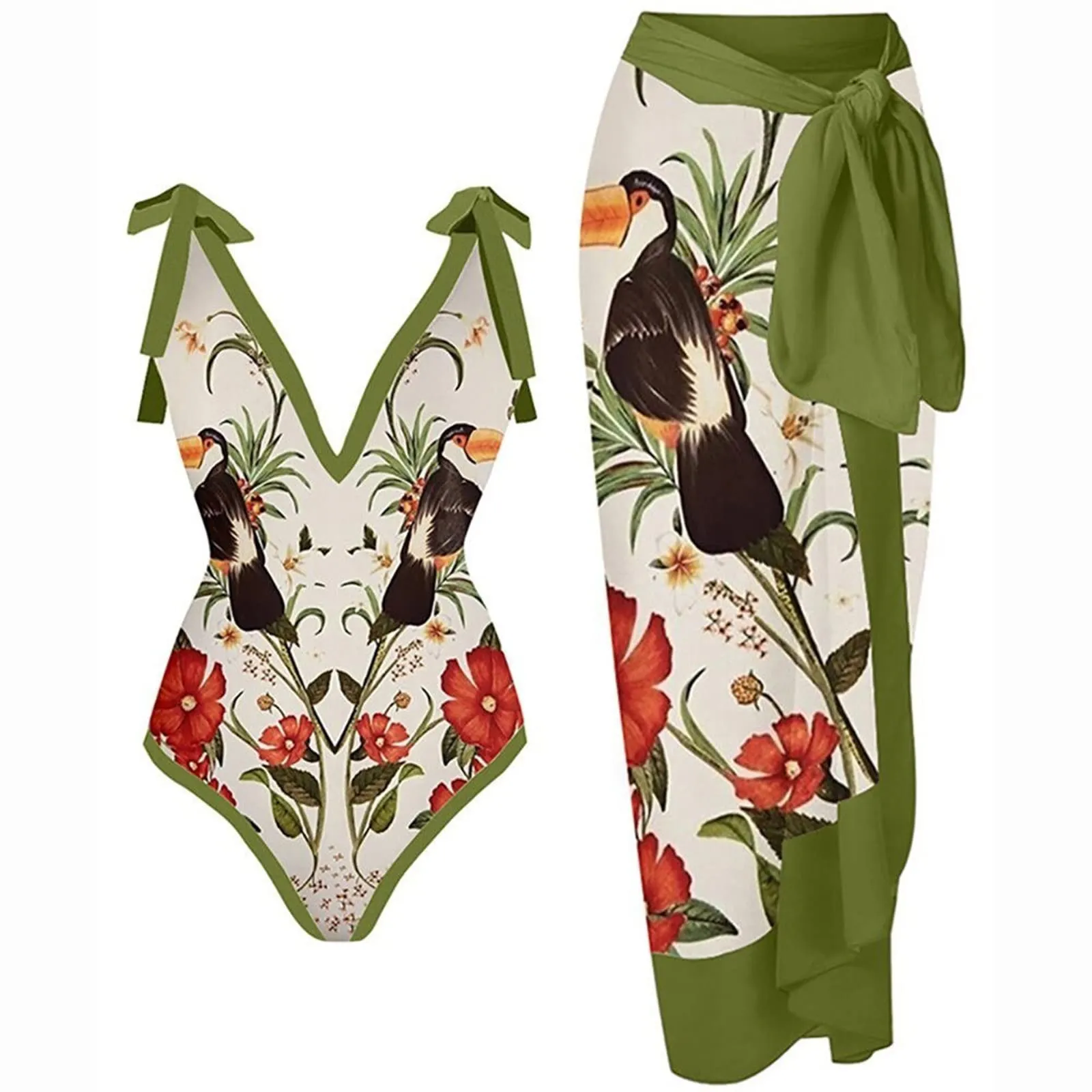 PAIDAXING Costume da Bagno da Donna 2 Pezzi con Pareo, Stampa Floreale, Verde Menta, L - immagine 2