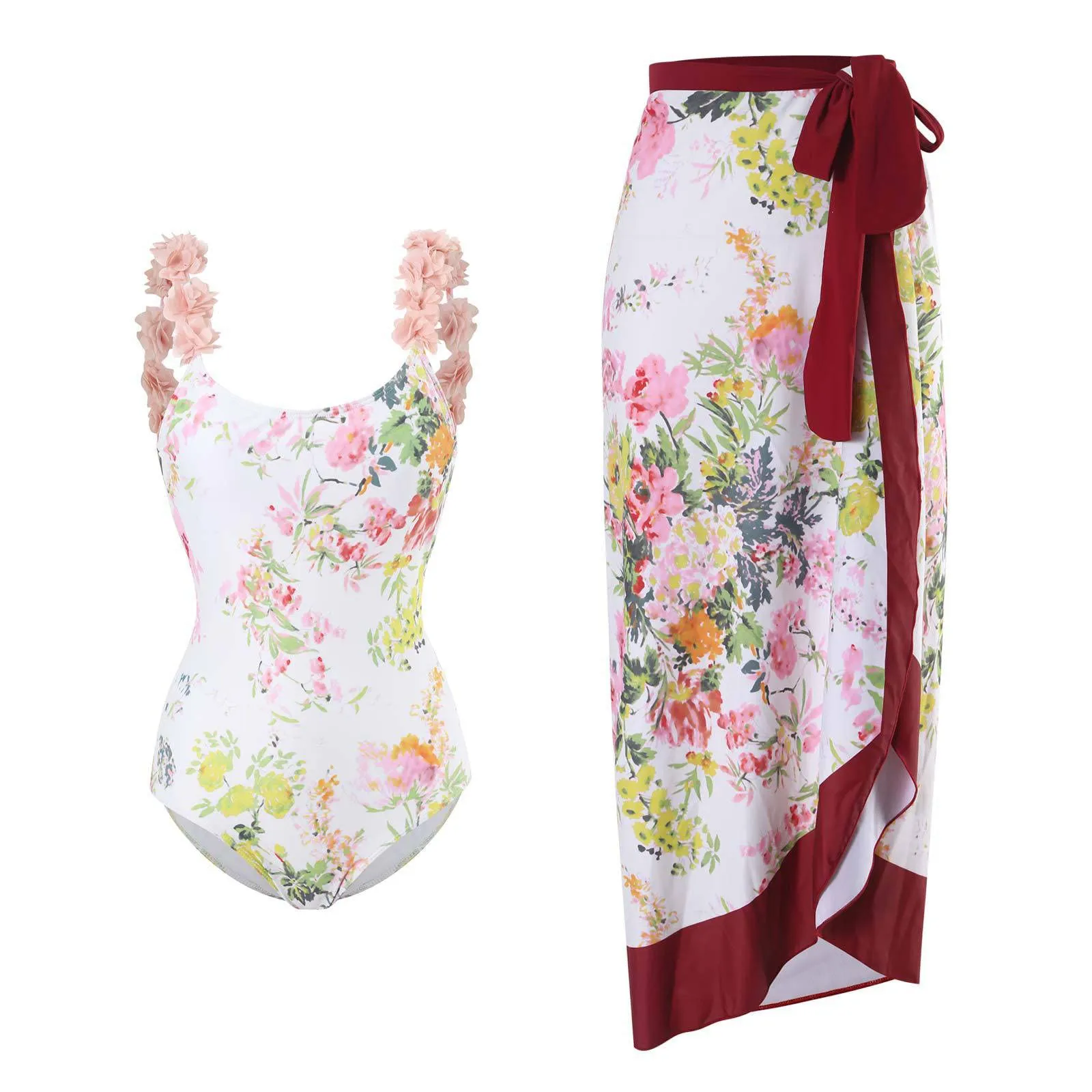 PAIDAXING Costume da bagno da donna a due pezzi con pareo, stampa floreale, vino, L - immagine 2