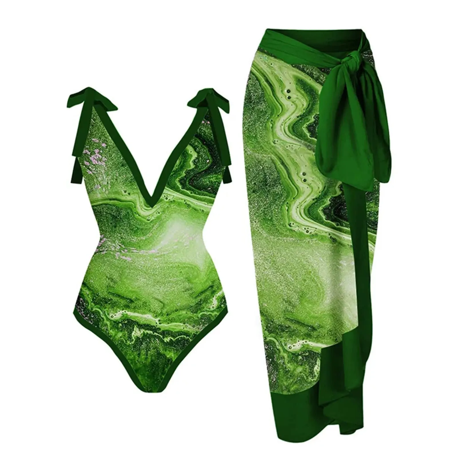 PAIDAXING Costume da bagno da donna a due pezzi con pareo, stampa floreale, 08-verde, XL - immagine 2