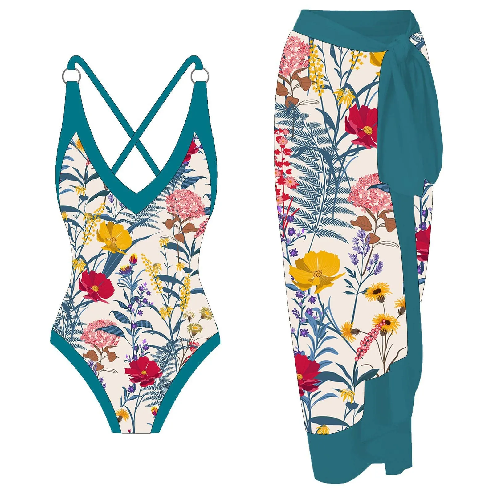 PAIDAXING Costume da bagno da donna a due pezzi con pareo, Stampa Floreale, Verde, S - immagine 1