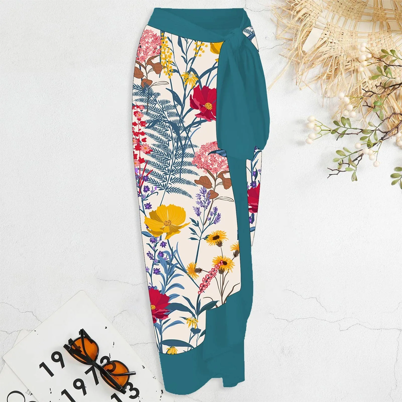 PAIDAXING Costume da bagno da donna a due pezzi con pareo, Stampa Floreale, Verde, S - immagine 3
