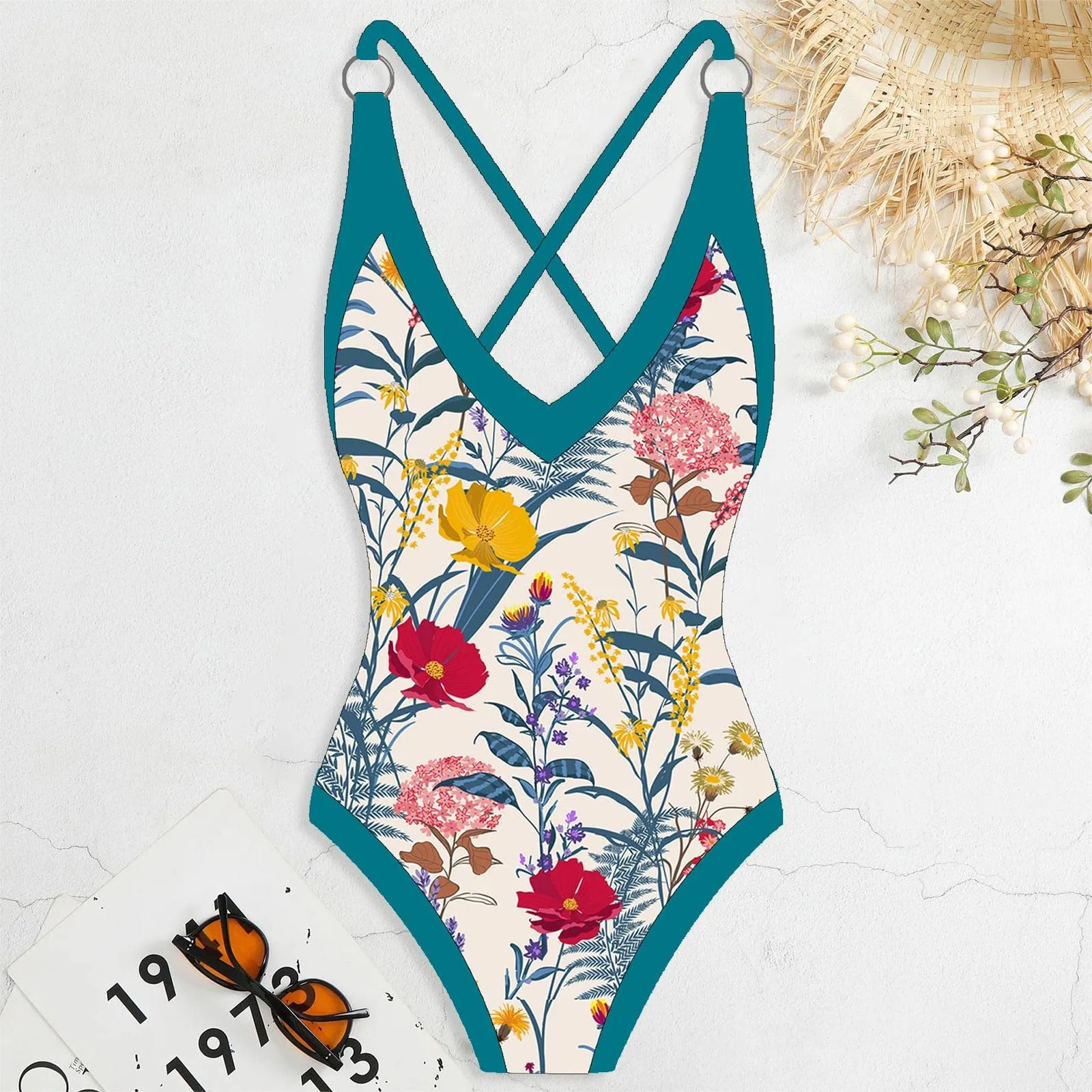 PAIDAXING Costume da bagno da donna a due pezzi con pareo, Stampa Floreale, Verde, S - immagine 4