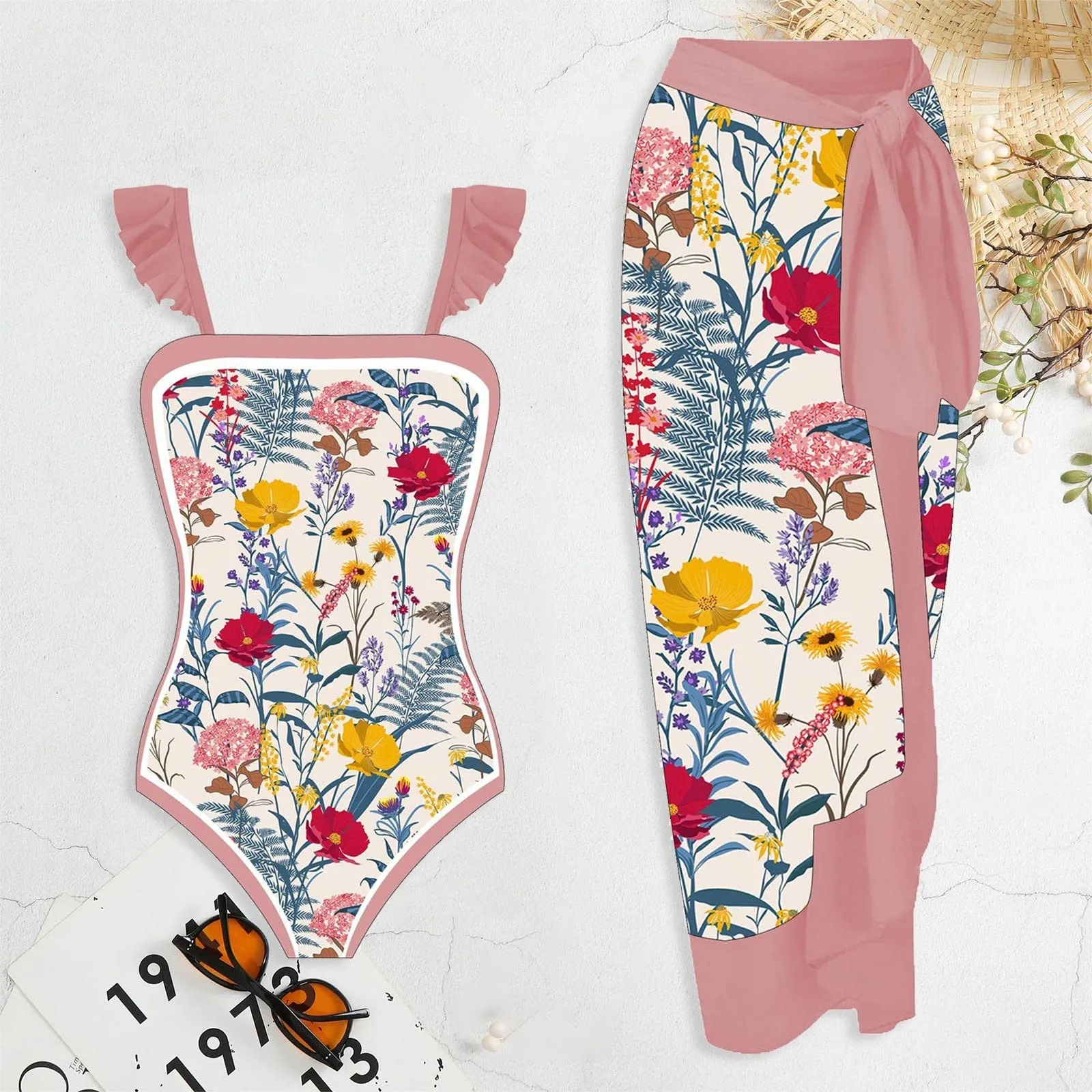 PAIDAXING Costume da bagno da donna 2 pezzi con pareo, stampa floreale, rosa, M - immagine 2