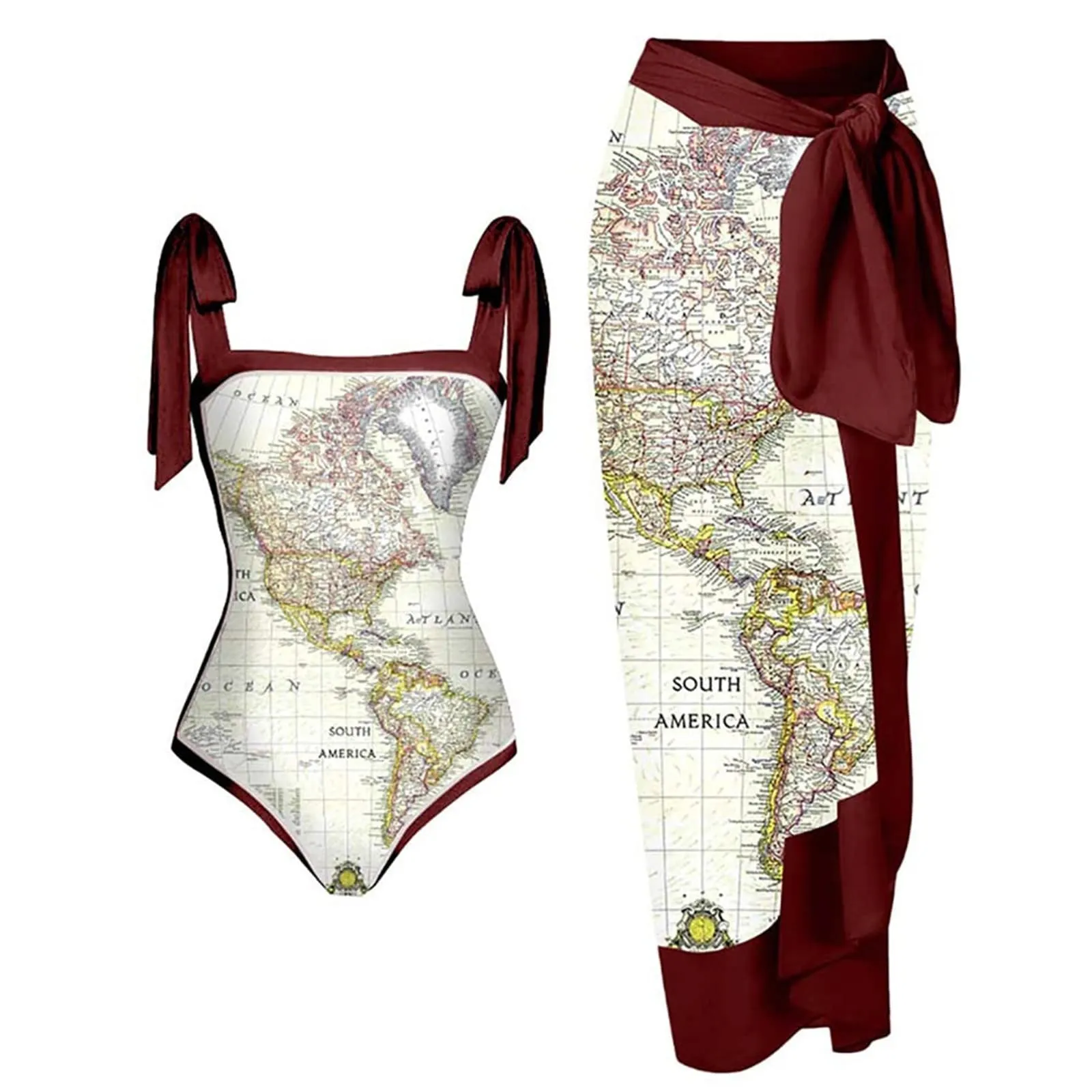 PAIDAXING Costume da bagno da donna due pezzi con pareo floreale, 15-vino, 3XL - immagine 2