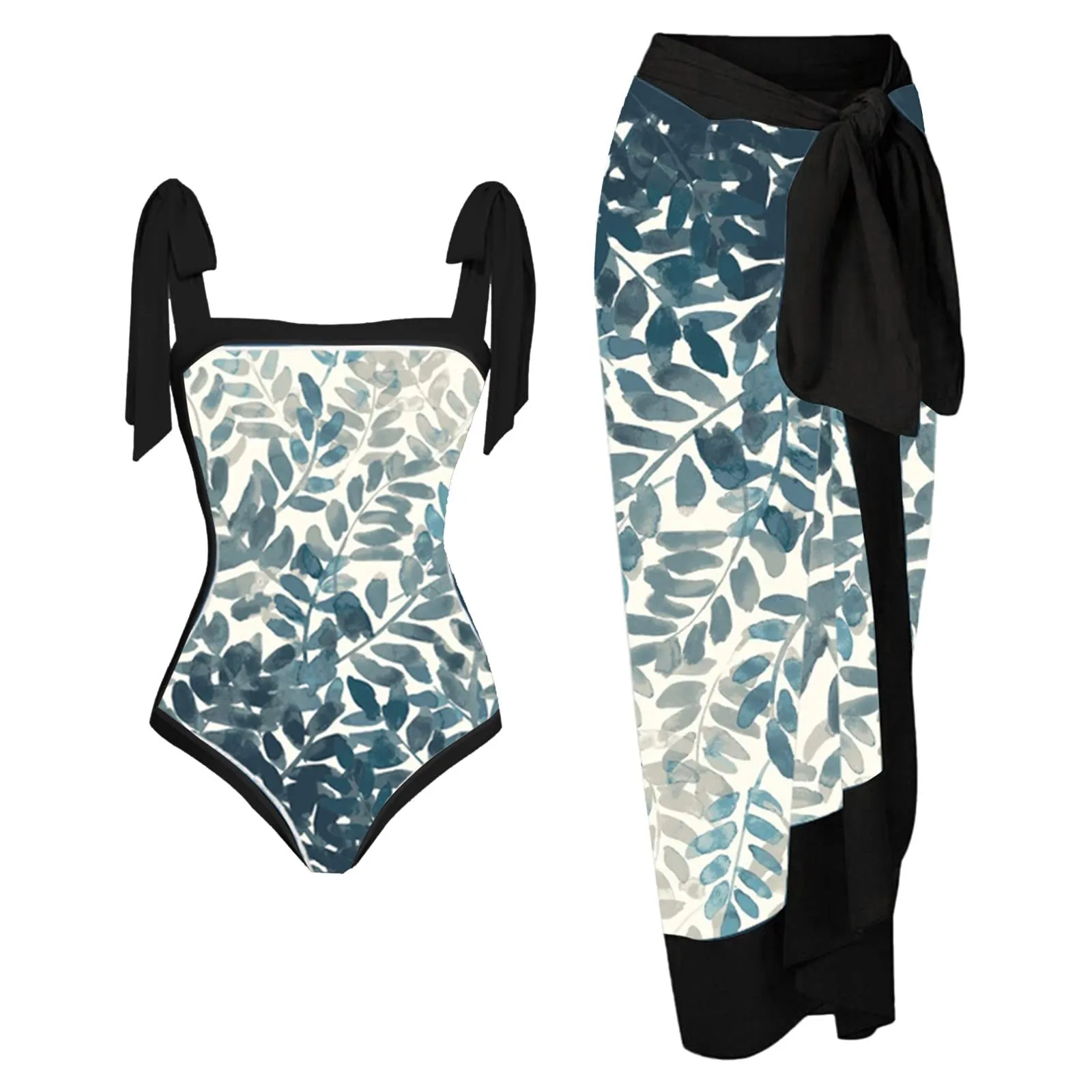PAIDAXING Costume da bagno da donna a due pezzi con pareo coordinato, stampa floreale, Blu Navy, M - immagine 2