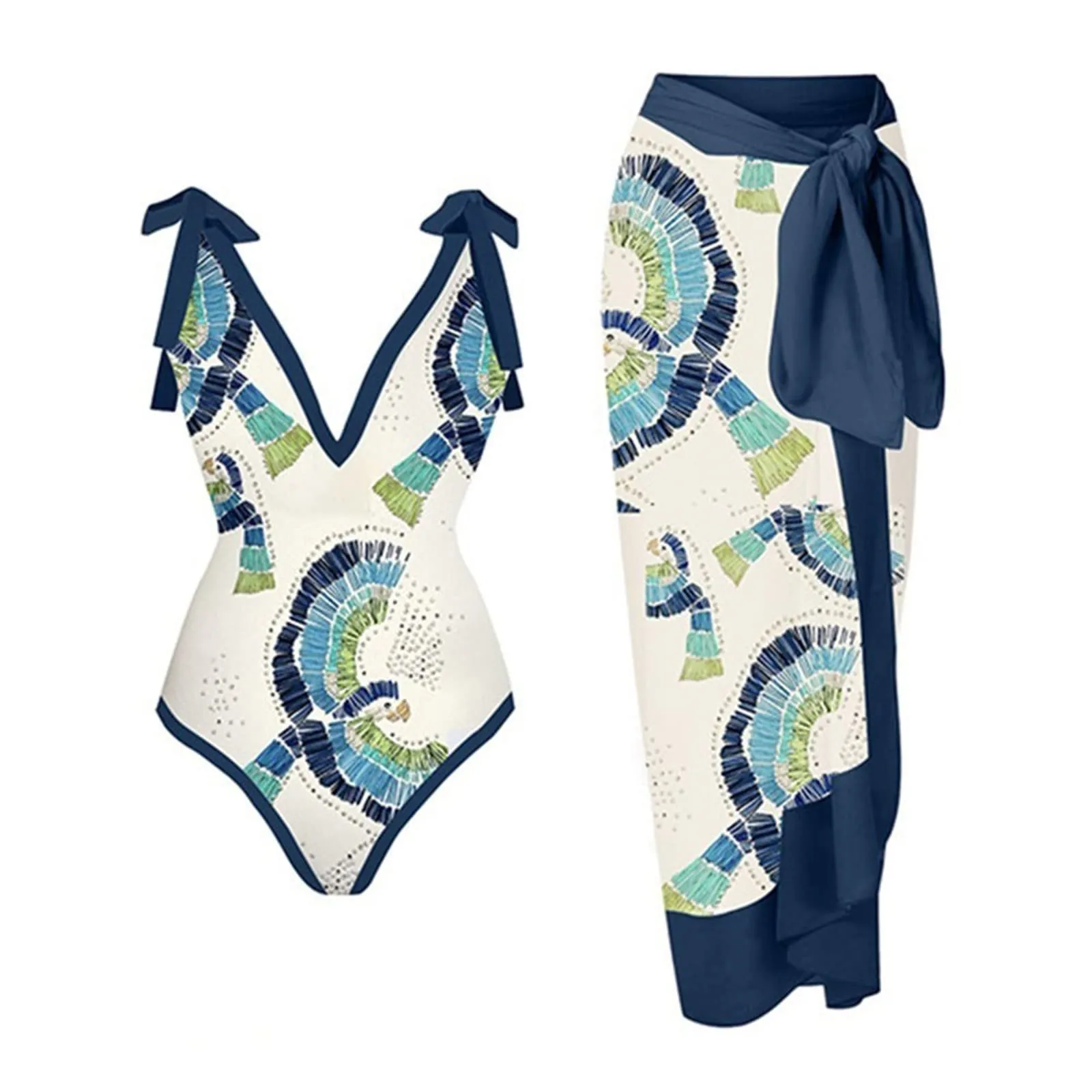 PAIDAXING Costume da bagno da donna a due pezzi con pareo, stampa floreale, beige, S - immagine 2