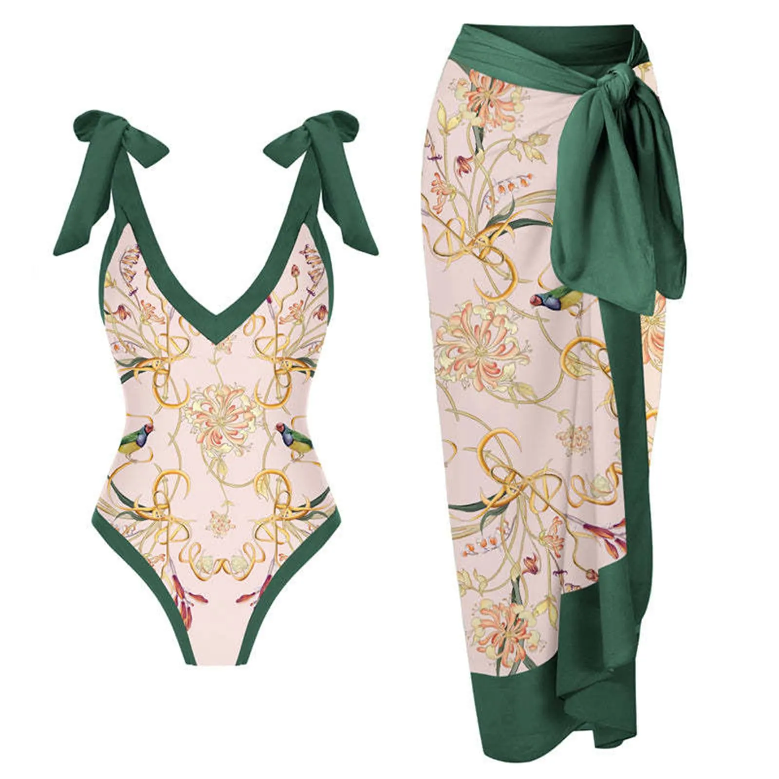 PAIDAXING Costume da bagno da donna a due pezzi con pareo, stampa floreale, Verde, XL - immagine 2