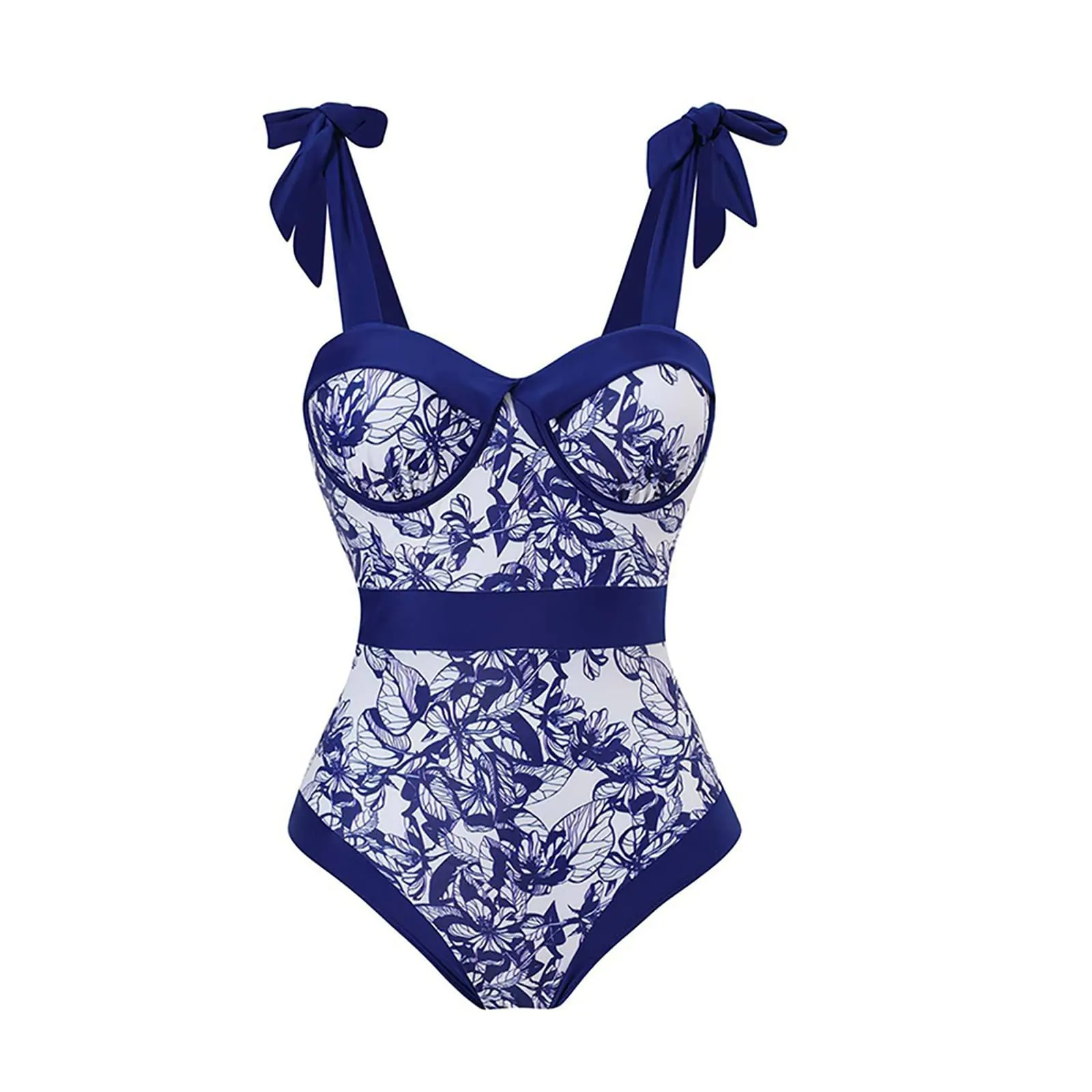 PAIDAXING Costume da bagno da donna 2 pezzi con pareo, stampa floreale, Blu Navy, S - immagine 4