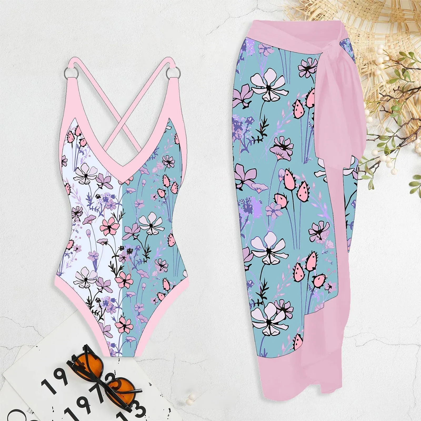 PAIDAXING Costume da bagno da donna a due pezzi con pareo, stampa floreale, blu, L - immagine 2