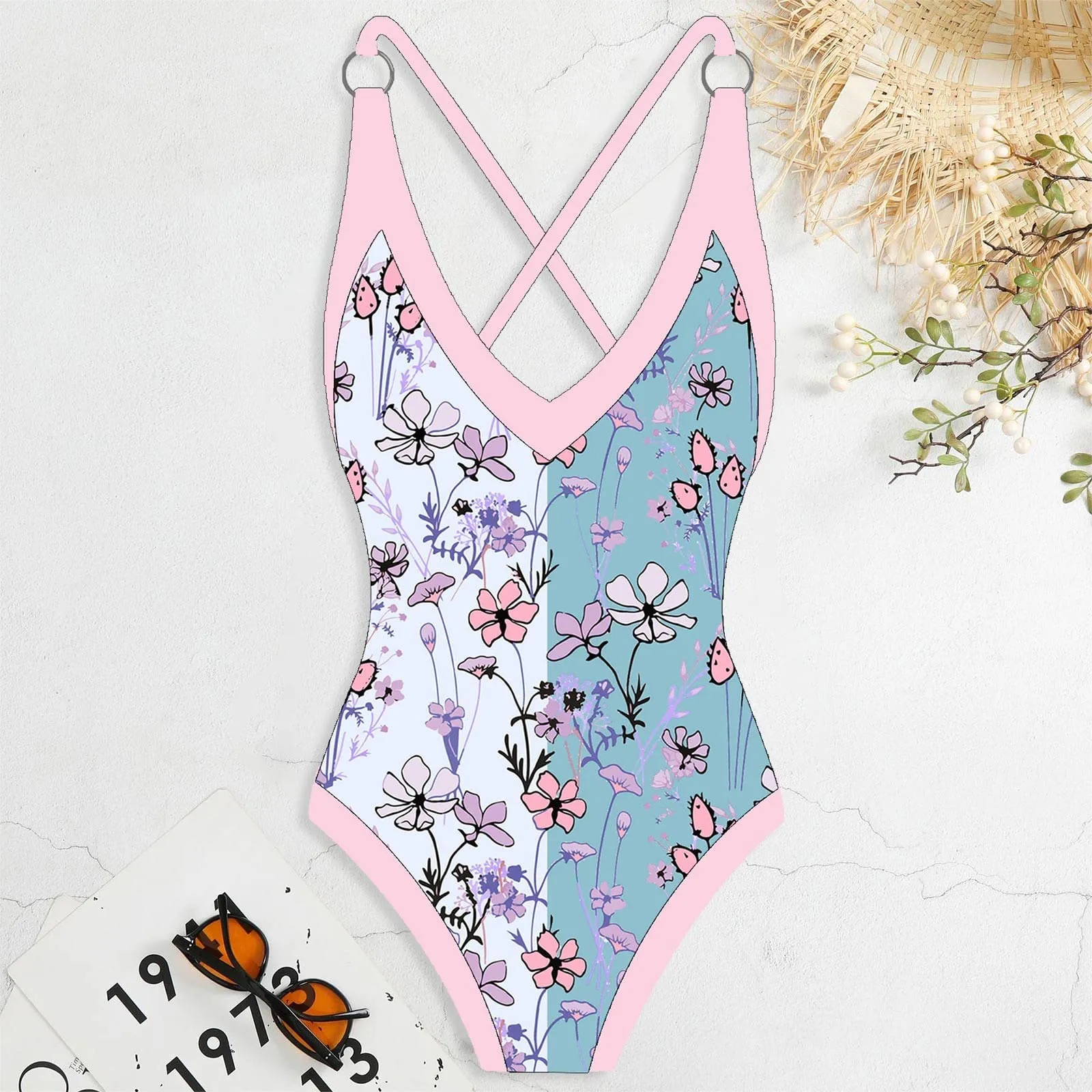 PAIDAXING Costume da bagno da donna a due pezzi con pareo, stampa floreale, blu, L - immagine 3