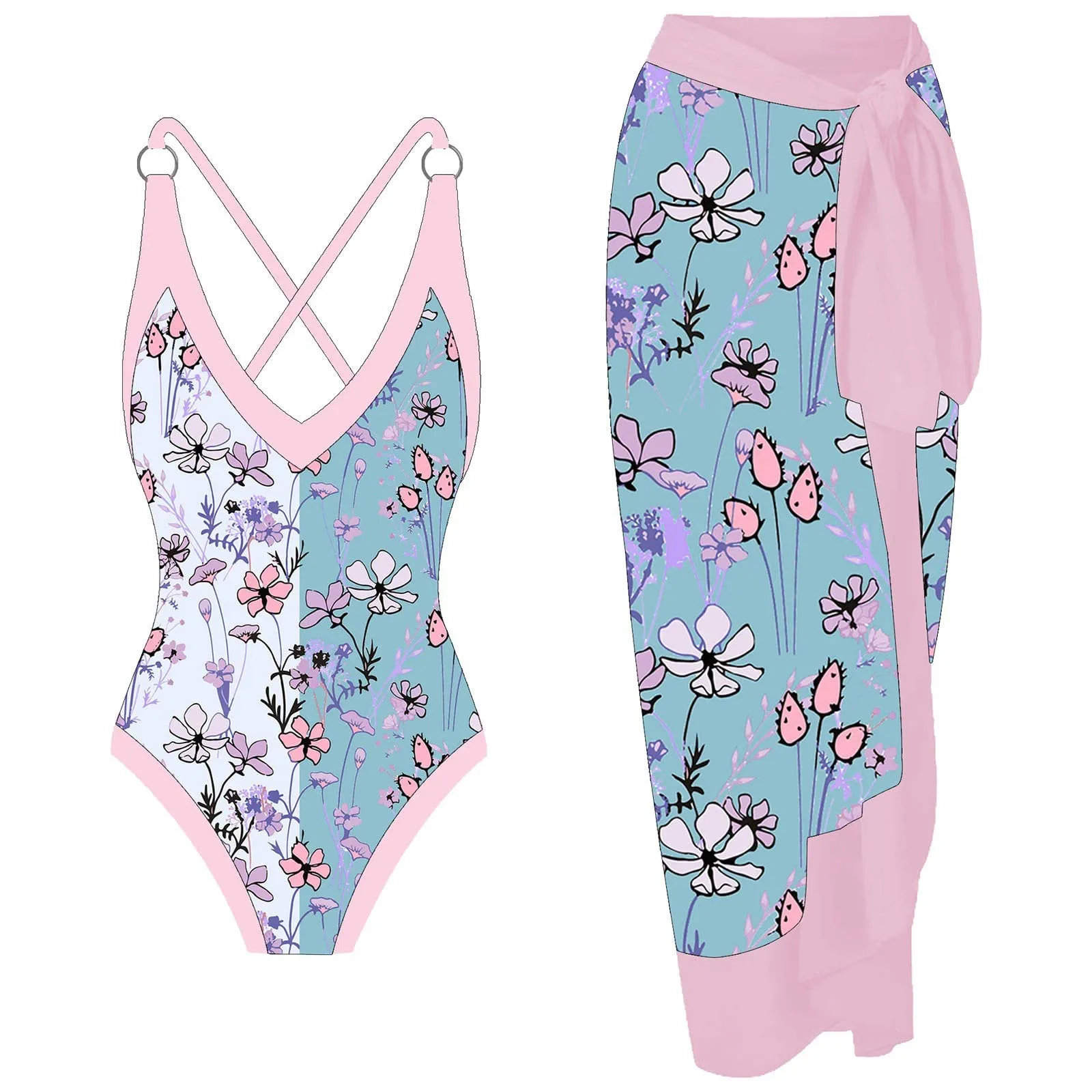 PAIDAXING Costume da bagno da donna a due pezzi con pareo, stampa floreale, 36-blu, XL - immagine 1