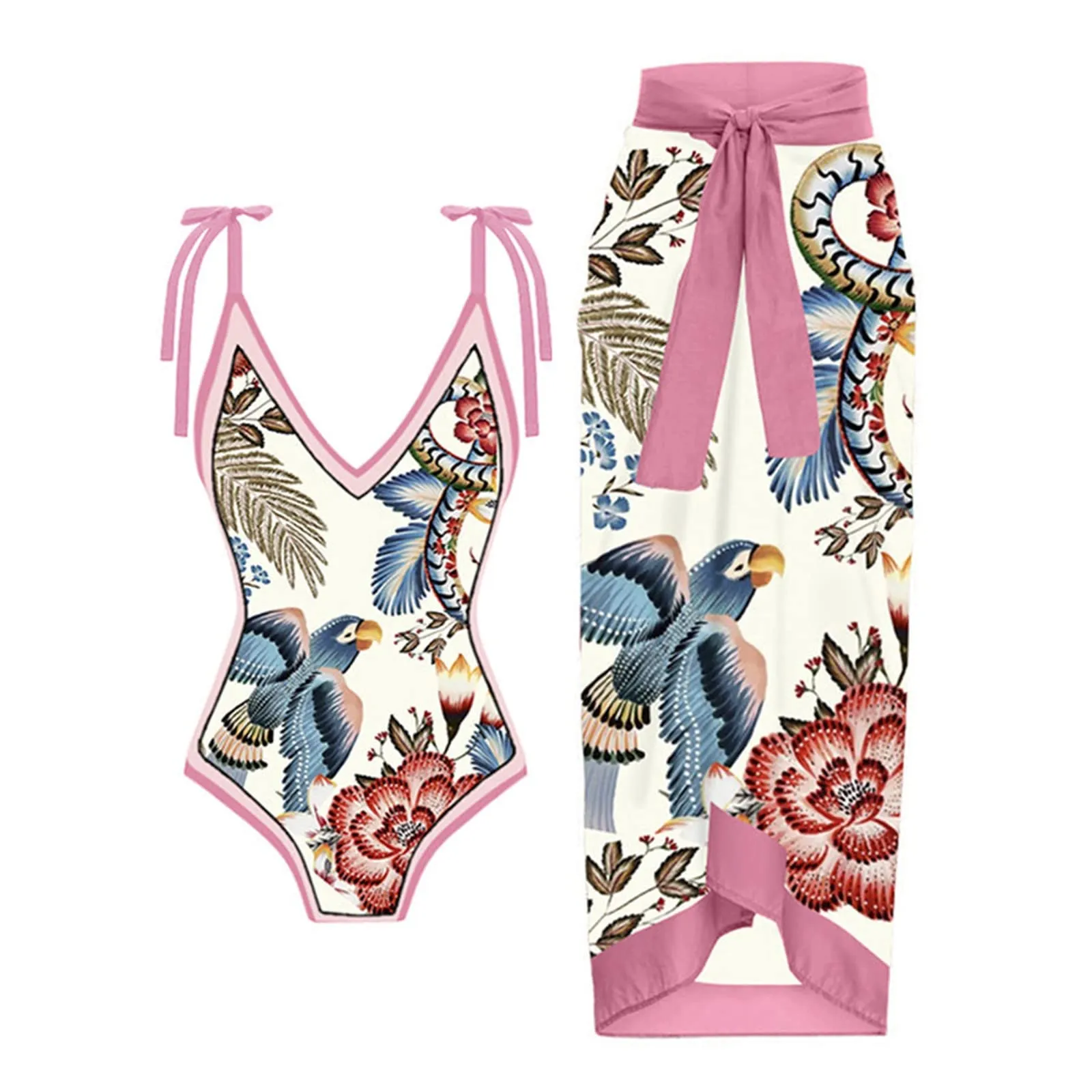 PAIDAXING Costume da bagno da donna a due pezzi con pareo, stampa floreale, rosa, XL - immagine 2