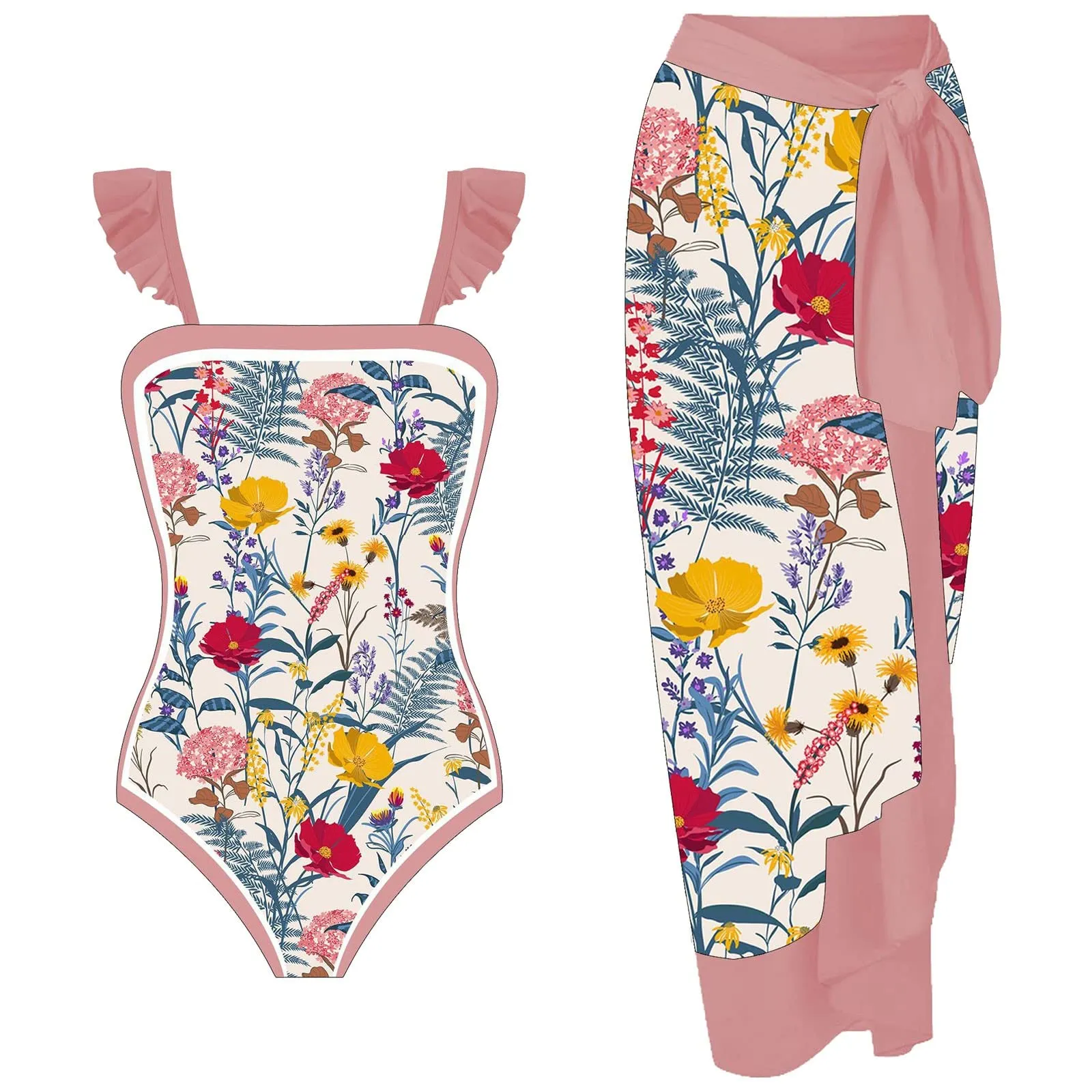 PAIDAXING Costume da bagno da donna 2 pezzi con pareo, stampa floreale, rosa, L - immagine 1