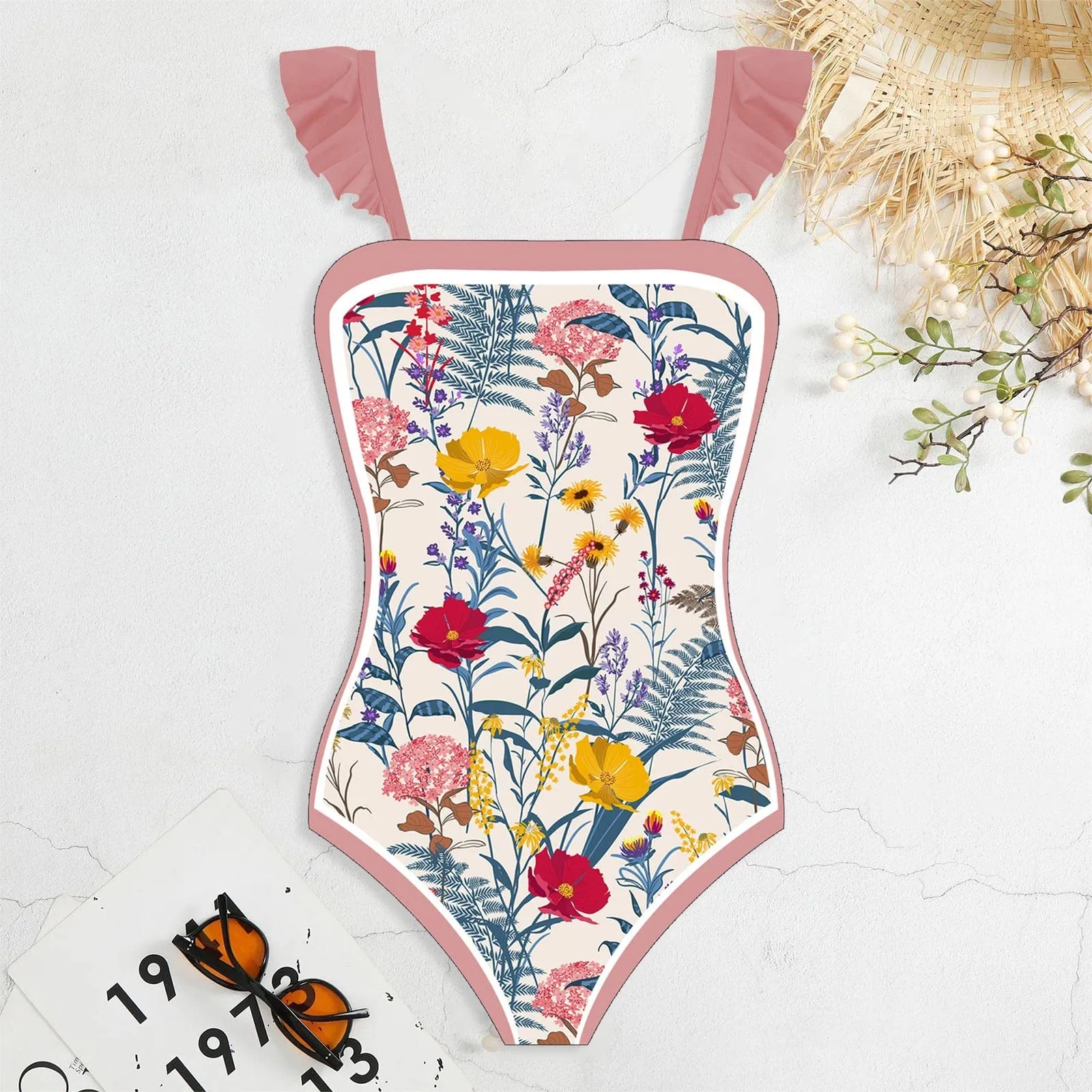 PAIDAXING Costume da bagno da donna 2 pezzi con pareo, stampa floreale, rosa, L - immagine 4