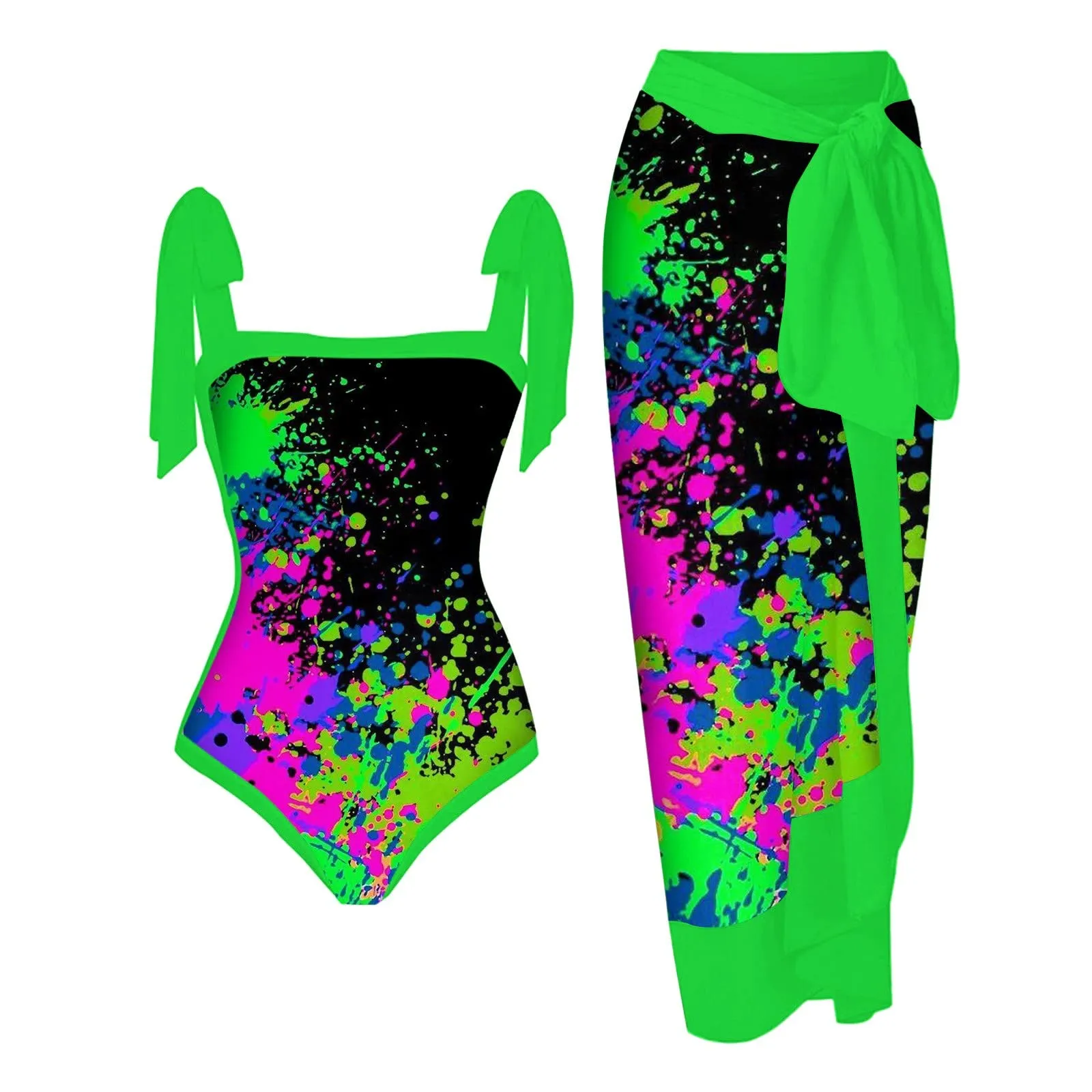 PAIDAXING Costume da Bagno Donna 2 Pezzi con Pareo, Stampa Floreale, Verde, S - immagine 2