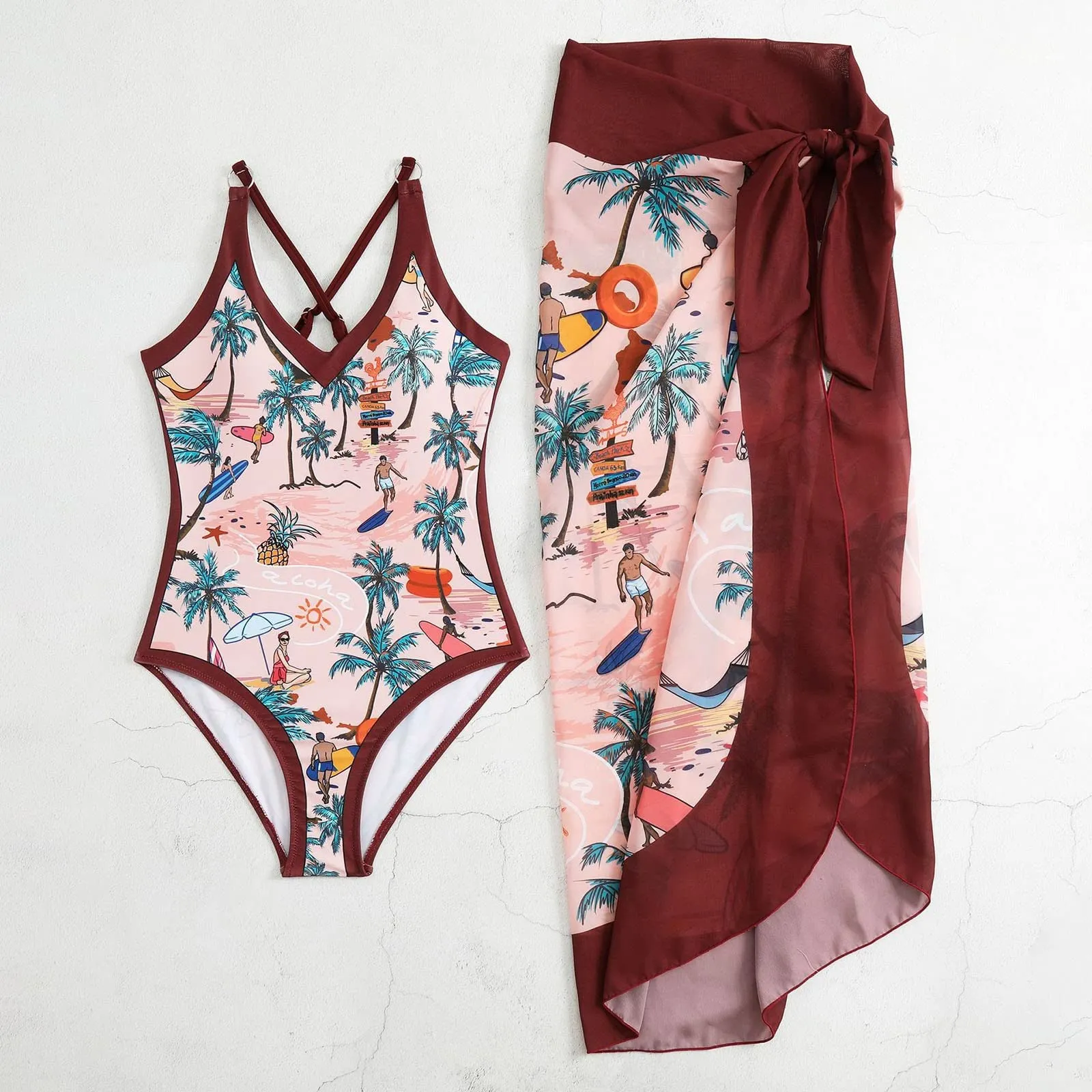 PAIDAXING Costume da Bagno Donna 2 Pezzi con Pareo, Stampa Floreale, Rosso, XL - immagine 3
