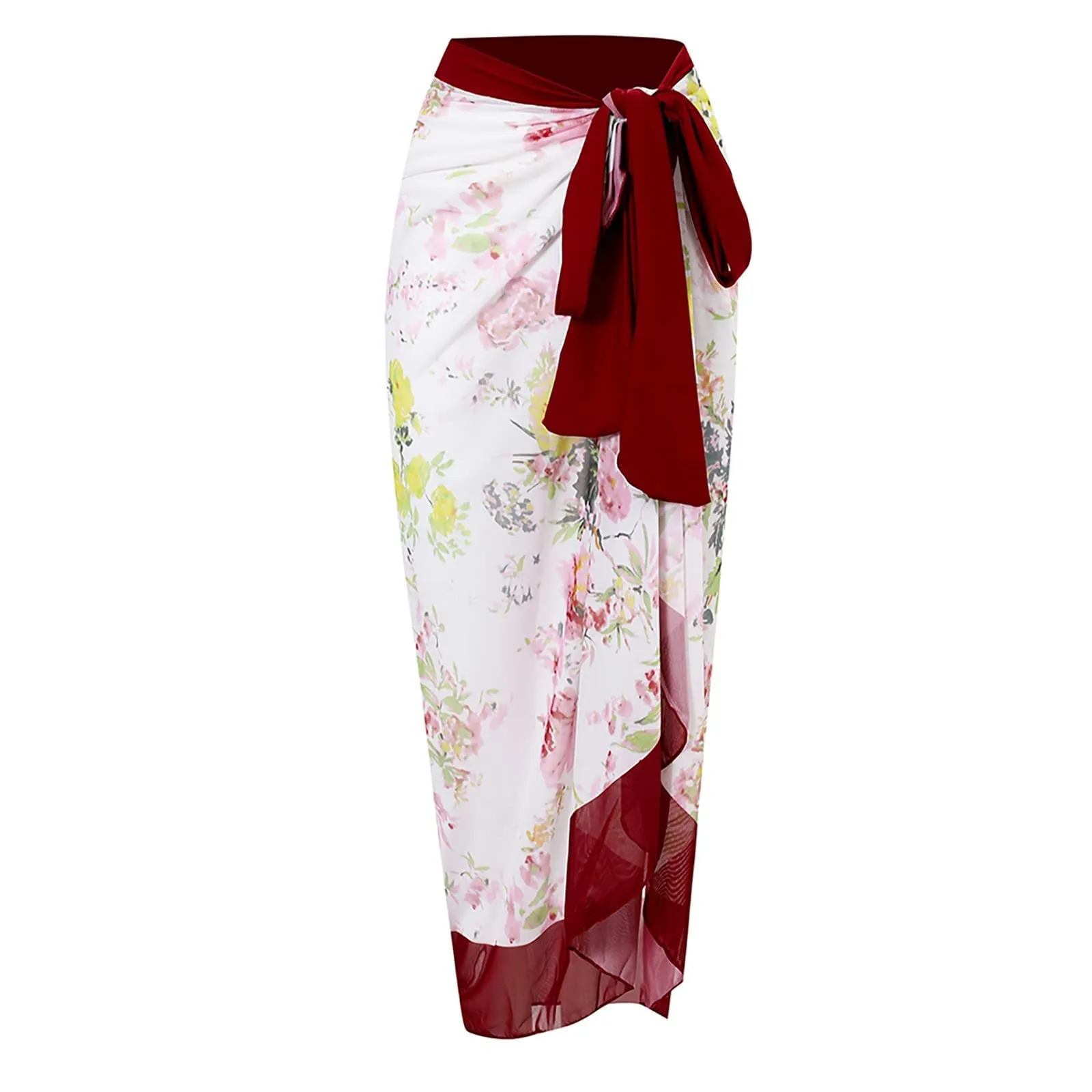 PAIDAXING Costume da bagno da donna a due pezzi con pareo, stampa floreale bohémien, 31-vino, L - immagine 6