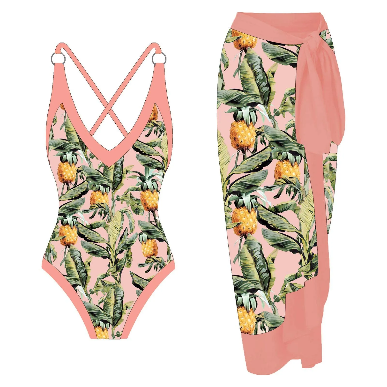 PAIDAXING Costume da bagno da donna in due pezzi con pareo, stampa floreale, 34-rosa, XL - immagine 1