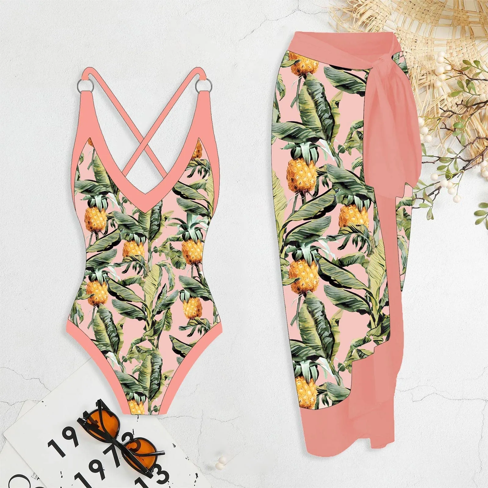 PAIDAXING Costume da bagno da donna in due pezzi con pareo, stampa floreale, 34-rosa, XL - immagine 2